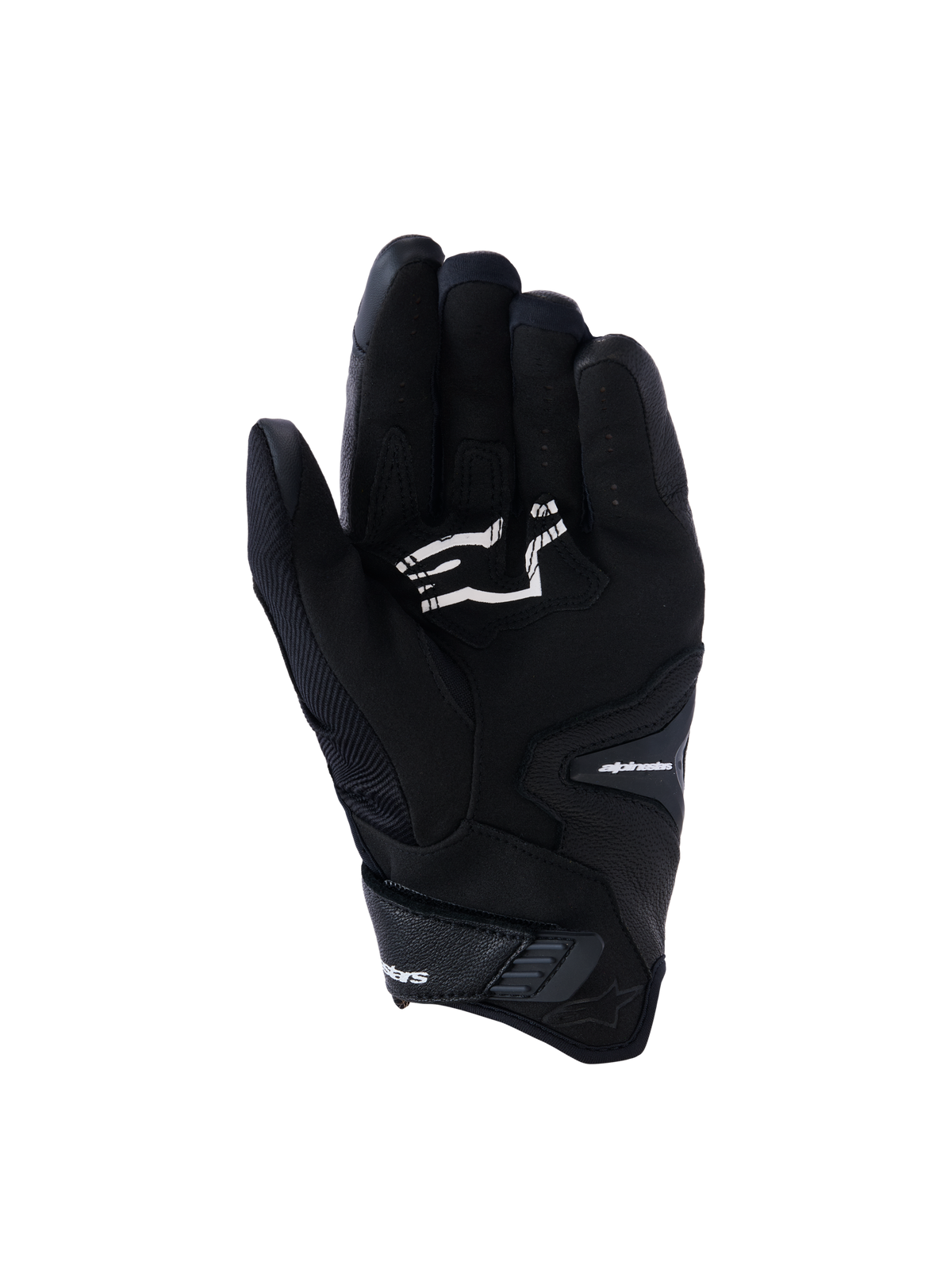Alpinestars SP-R Pro Gloves, Black Short-cuff Motorcycle Gloves, palm view showing grip reinforcements and white Alpinestars logo, designed for sport riding.