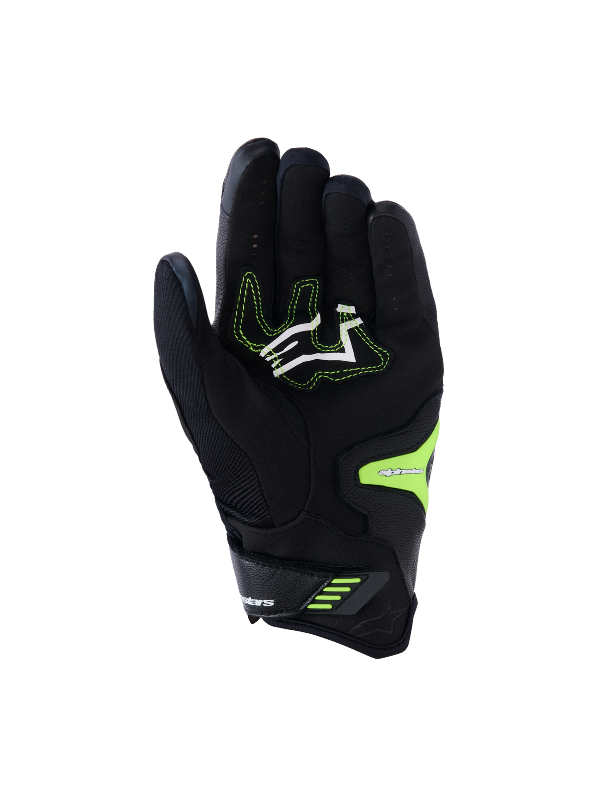 Rękawice Alpinestars SP-R Pro, czarno-żółte neonowe, widok dłoni ze wzmocnionymi strefami chwytu z syntetycznej skóry, białe logo z neonowo-żółtymi przeszyciami i bezpiecznym zapięciem na nadgarstku, zaprojektowane do jazdy sportowej