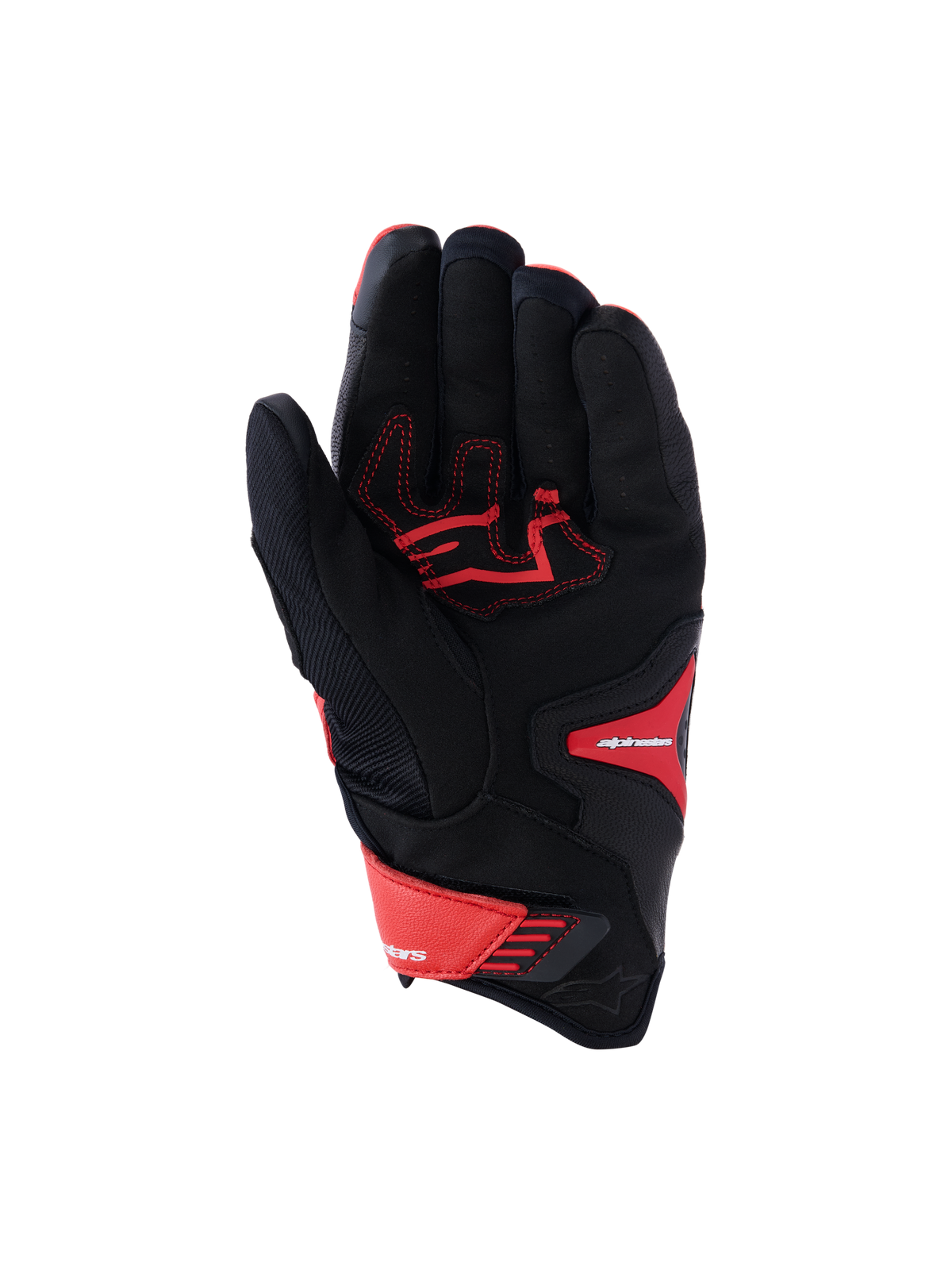 Alpinestars SP-R Pro Gloves, Sport Motorcycle Gloves, Bright Red, Red Fluo and Black, palm view showing reinforced leather palm with red contrast stitching, textile chassis, and adjustable wrist closure.