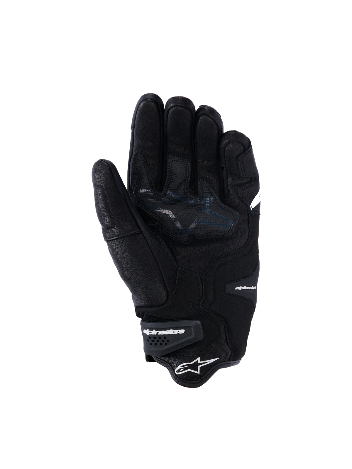 Rękawice Alpinestars SP-R Tech, czarne skórzane rękawice motocyklowe, widok od strony dłoni przedstawiający wzmocnione strefy chwytu i logo gwiazdy, elastyczny nadgarstek z brandingiem Alpinestars, sportowa odzież motocyklowa wykonana ze skóry koziej