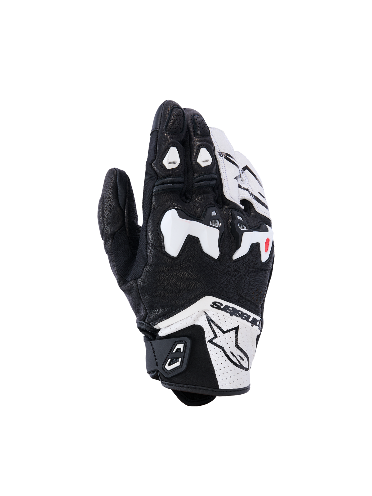 Alpinestars SP-R Tech Gloves, wyścigowe rękawice motocyklowe, czarno-białe, z białym dzielonym ochraniaczem kostek z TPU, konstrukcją z perforowanej skóry, logo Alpinestars na mankiecie i czerwonymi akcentami na palcach, sportowy design z krótkim mankietem