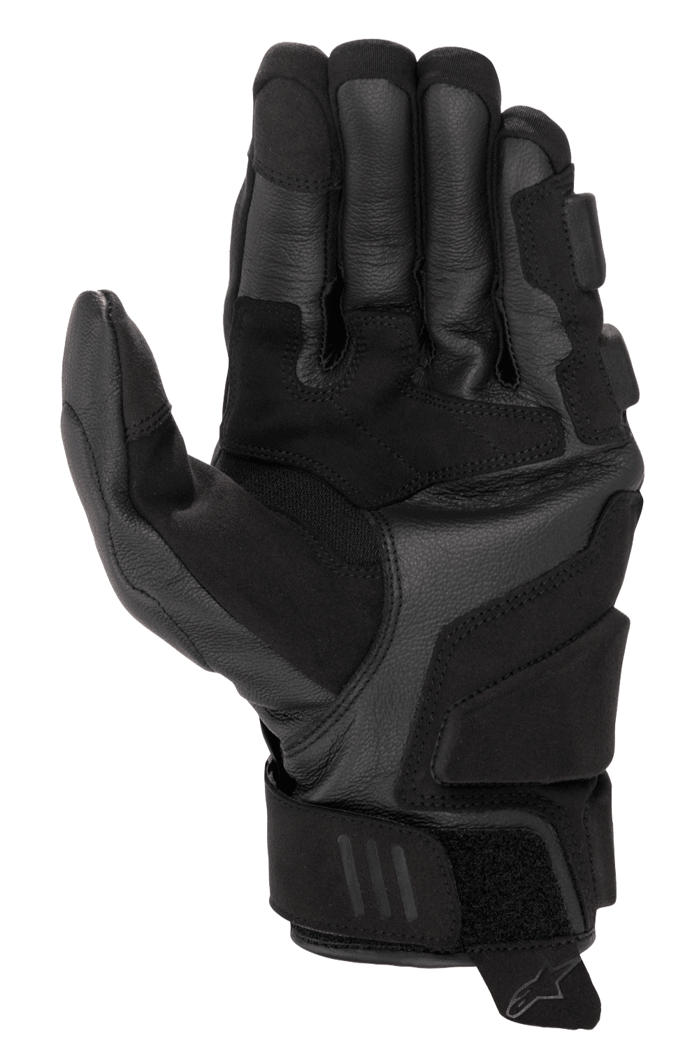 Alpinestars Phenom Leather Gloves, rękawice motocyklowe, czarne, widok od strony dłoni i z boku prezentujący konstrukcję z wysokiej jakości koziej skóry, wzmocnione strefy boczne dłoni i lądowania, krótki mankiet z zapięciem na rzep, końcówki palców kompatybilne z ekranami dotykowymi, sportowa odzież motocyklowa