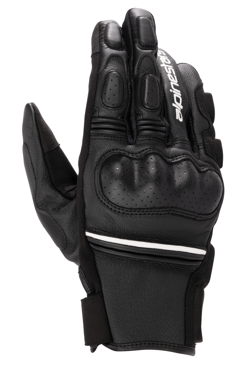 Alpinestars Phenom Leather Gloves, krótkie rękawice motocyklowe, czarno-białe, twarda ochrona kostek, perforowane skórzane detale, białe logo Alpinestars na palcu wskazującym i biały pasek na nadgarstku