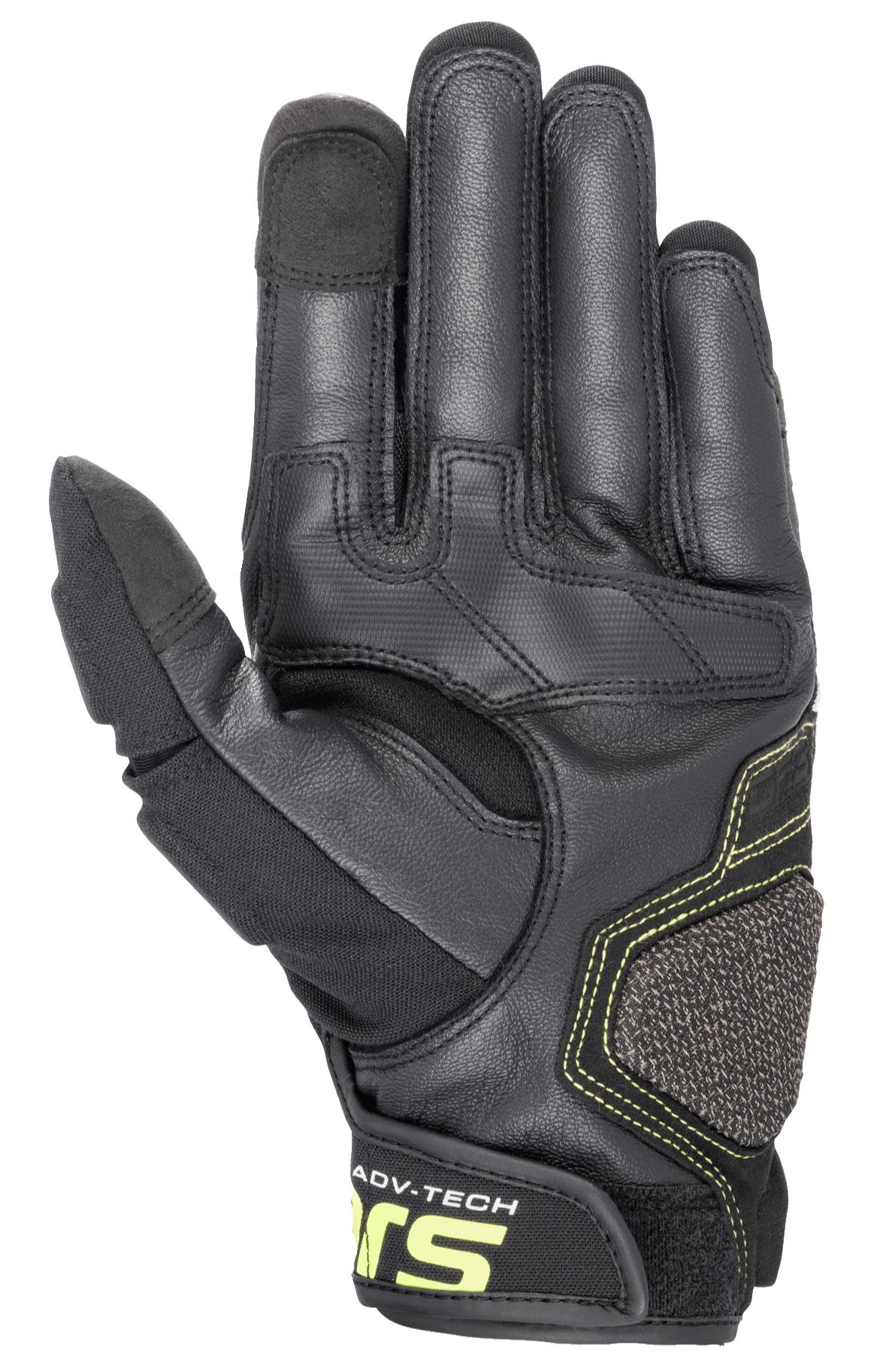 Alpinestars Halo Leather Gloves, motocyklowe rękawice adventure, kolor Forest Black i Yellow Fluo, widok od strony dłoni prezentujący wzmocnioną skórzaną konstrukcję, fluorescencyjne żółte szwy oraz końcówki palca wskazującego i kciuka kompatybilne z ekranami dotykowymi