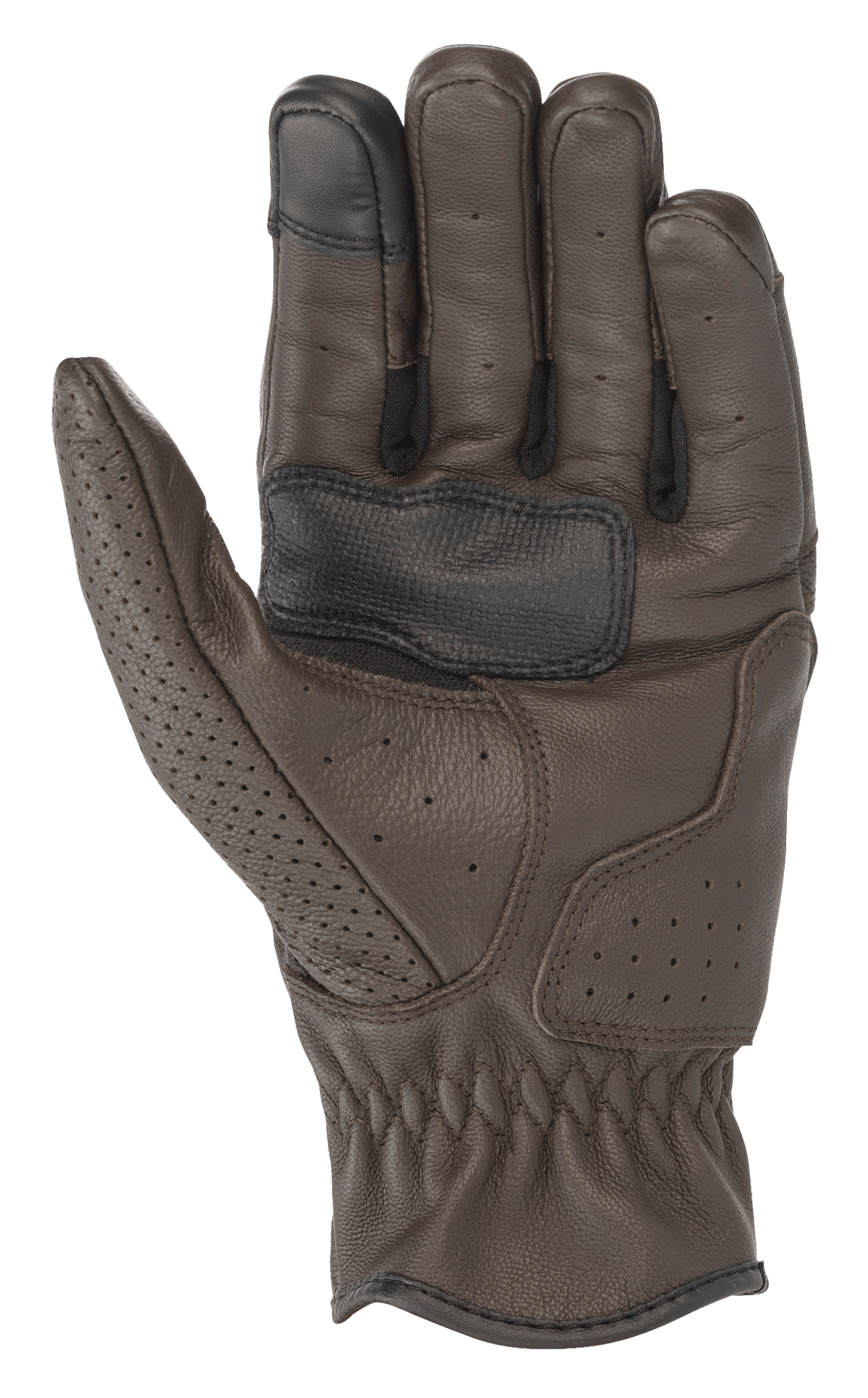 Alpinestars Rayburn V2 Leather Gloves, Tobacco Brown, widok od strony dłoni, konstrukcja ze skóry premium z lokalnymi perforacjami, wzmocniona dłoń dla lepszego chwytu i końcówka palca kompatybilna z ekranem dotykowym, miejski sprzęt motocyklowy inspirowany stylem retro