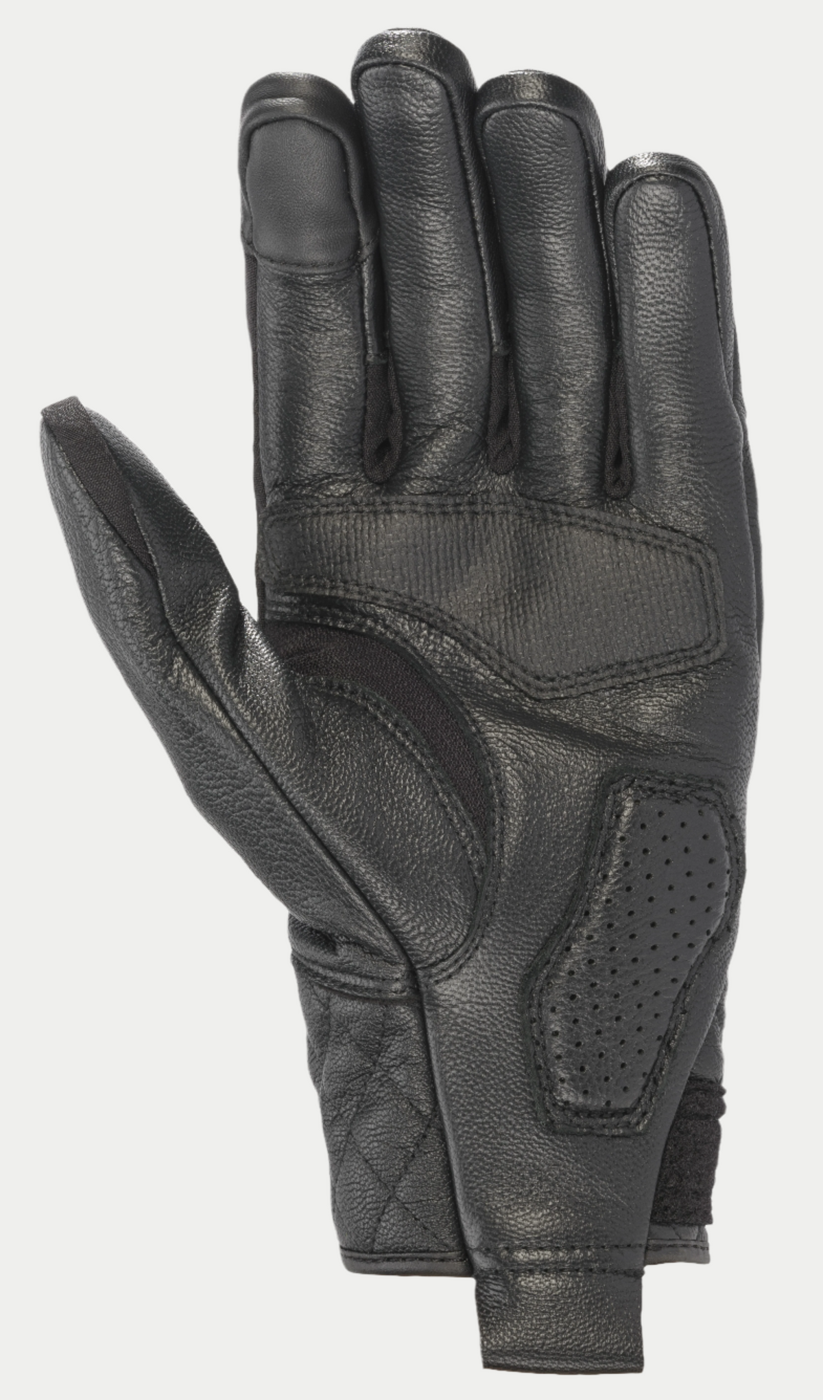 Rękawice Alpinestars Brass Lt, czarne rękawice motocyklowe, widok od strony dłoni ukazujący konstrukcję ze skóry premium, wzmocnione panele chwytne, perforowaną wyściółkę i pikowane detale w stylu retro