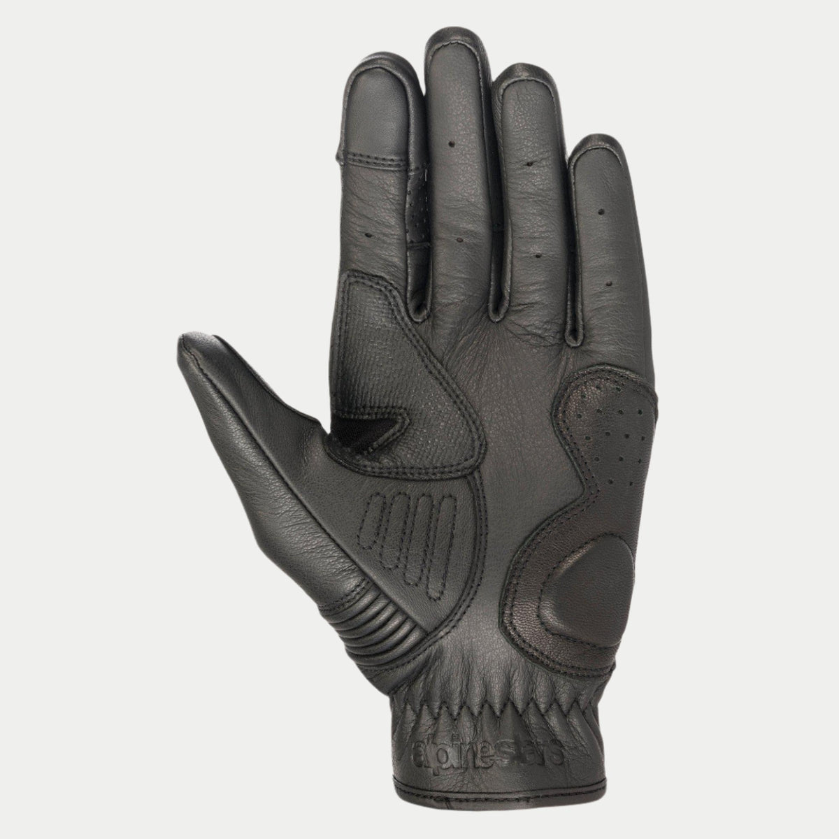 Alpinestars Crazy Eight Gloves, rękawice motocyklowe, czarne, widok od strony dłoni pokazujący wzmocnioną skórzaną konstrukcję, teksturowane panele chwytne na dłoni i kciuku oraz wytłoczone logo na mankiecie