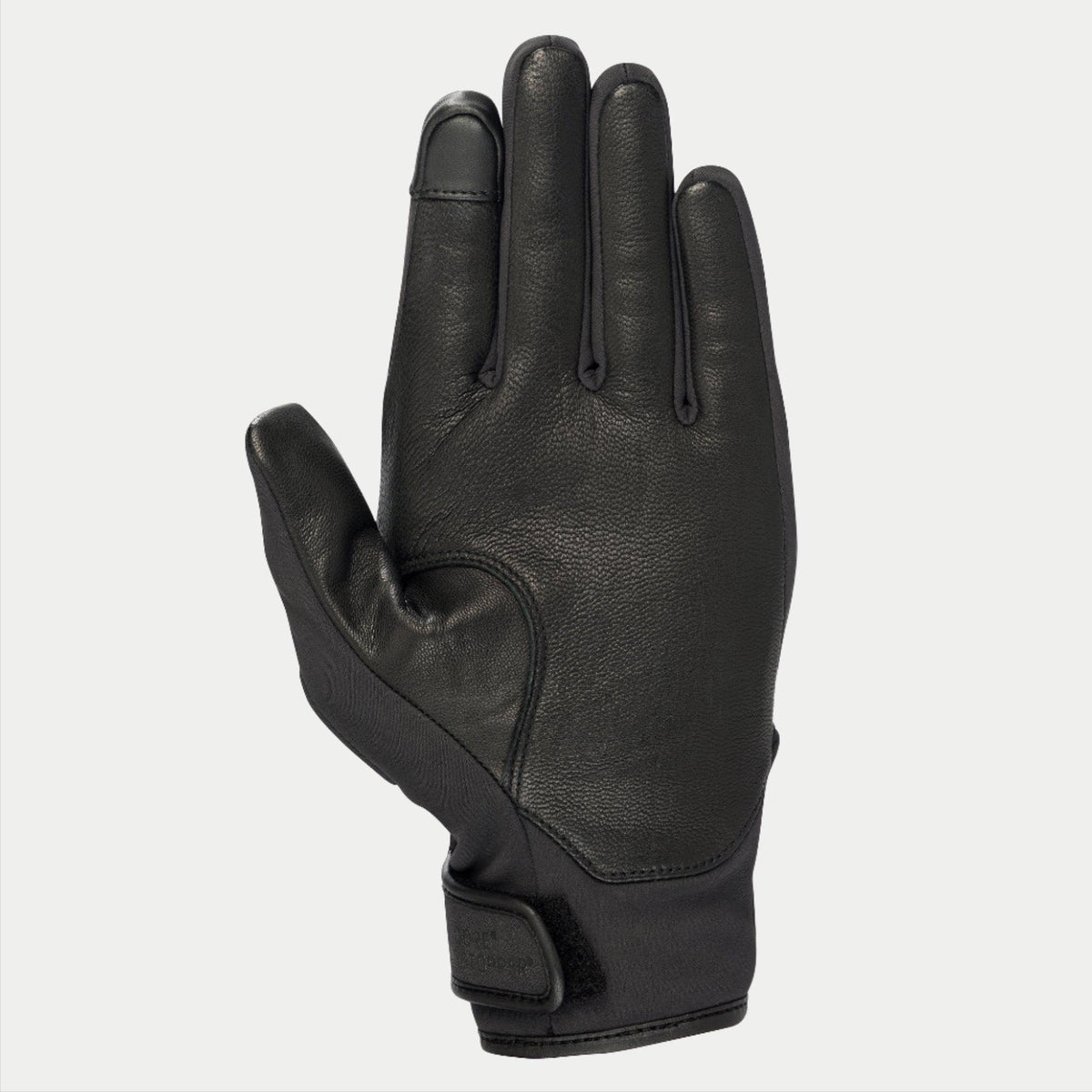 Alpinestars Stella C1 Windstopper V2, damskie rękawice motocyklowe, czarne, widok od strony dłoni ze wzmocnieniami ze skóry licowej, końcówka palca wskazującego kompatybilna z ekranem dotykowym, zapięcie mankietu na rzep, elegancki miejski design