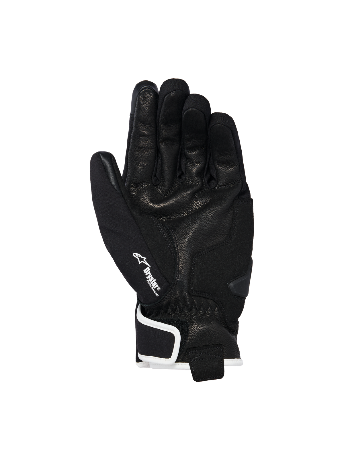 Alpinestars Moblast Waterproof Gloves, czarne z białawym wykończeniem, widok od strony dłoni pokazujący konstrukcję ze skóry koziej, białe logo Drystar na kciuku i wzmocnienie ślizgacza dłoni, miejska odzież motocyklowa z krótkim mankietem