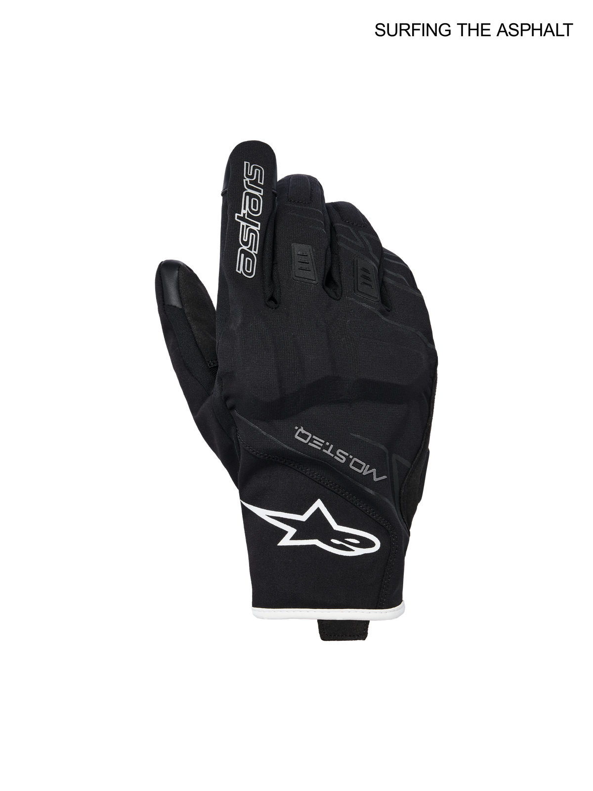 Alpinestars Rękawice Moblast Wodoodporne, męskie rękawice motoryzacyjne miejskie, czarne i białe, widok z przodu pokazujący konstrukcję z poliamidu, logo astartes na palcu oraz ochraniacze kostek PU