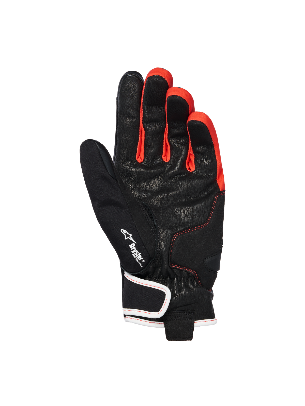 Rękawice Alpinestars Moblast Waterproof, czarno-antracytowo-pomarańczowe, widok od strony dłoni ukazujący konstrukcję ze skóry koziej, z logo Drystar, wyrazistymi pomarańczowymi akcentami między palcami i krótkim mankietem z zapięciem wykończonym białą lamówką