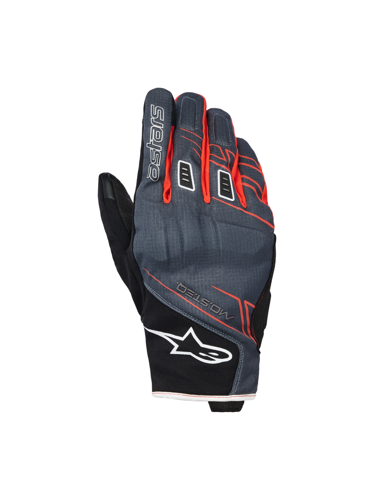 Alpinestars Moblast Waterproof Gloves, rękawice motocyklowe, antracytowe i czarne z pomarańczowymi akcentami, krótki mankiet z czerwono-pomarańczową grafiką liniową, białe logo gwiazdy na mankiecie i napis „astars” na palcu, techniczny materiał tekstylny zapewniający ochronę w każdych warunkach pogodowych