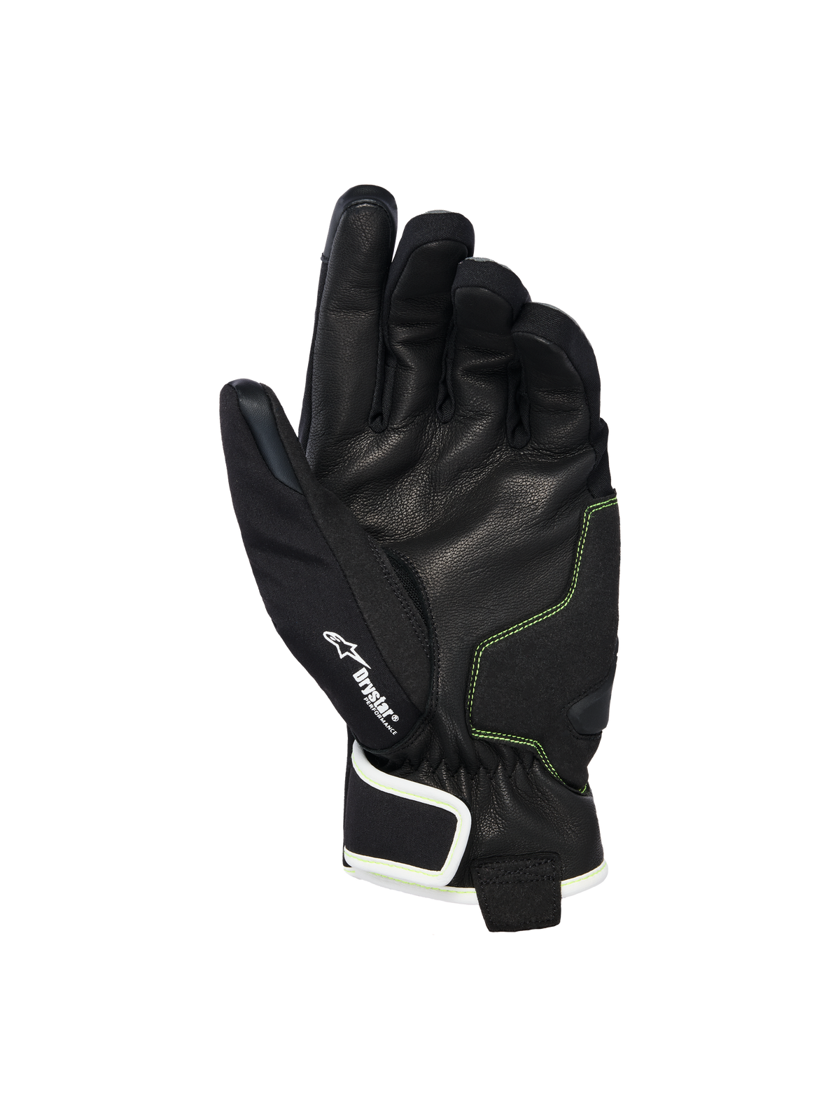 Alpinestars Moblast Waterproof Gloves, palm view showing black goat leather with Sulphur Yellow stitching, Drystar® logo detail, short-cuff motorcycle gloves designed for all-weather urban commuting