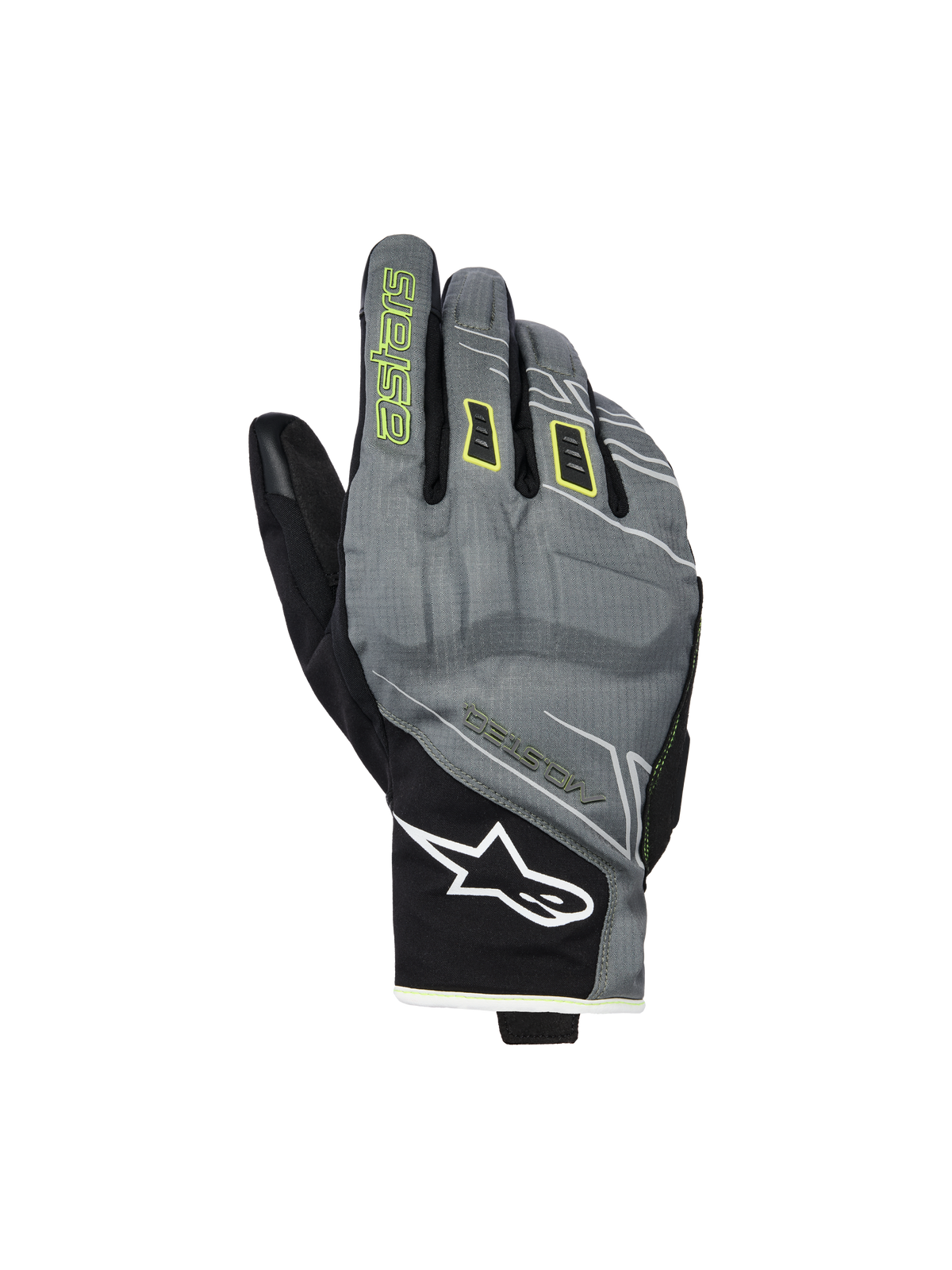 Alpinestars Moblast Waterproof Gloves, Motorcycle Gloves, Fur Gray and Black with Sulphur Yellow accents, short-cuff urban design, white Astar logo on the wrist, neon yellow branding on the index finger, waterproof Drystar performance for mid-season commuting.