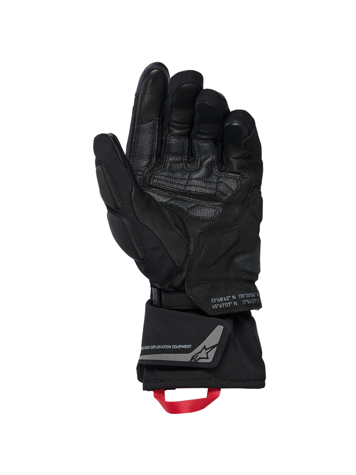 Rękawice Alpinestars WT-8 GORE-TEX Insulated, rękawice motocyklowe, czarne, widok wewnętrznej strony dłoni pokazujący wzmocnione skórzane panele i wyściełane ślizgacze, długi mankiet z czerwoną pętlą i brandingiem Alpinestars Exploration Equipment ze współrzędnymi geograficznymi, techniczny design szosowy i adventure
