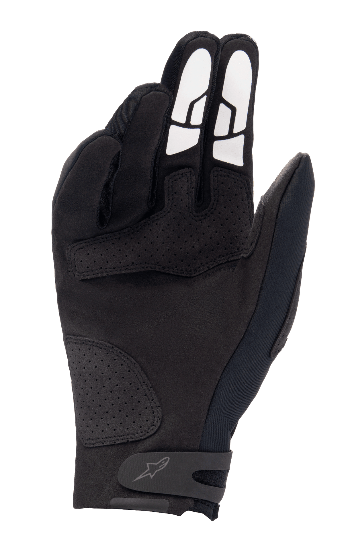 Alpinestars Thermo Shielder Gloves, Black Motocross Gloves, palm side view showing synthetic suede construction, perforated reinforcement patches, white silicone grip patterns on fingers, and a secure wrist strap with logo.