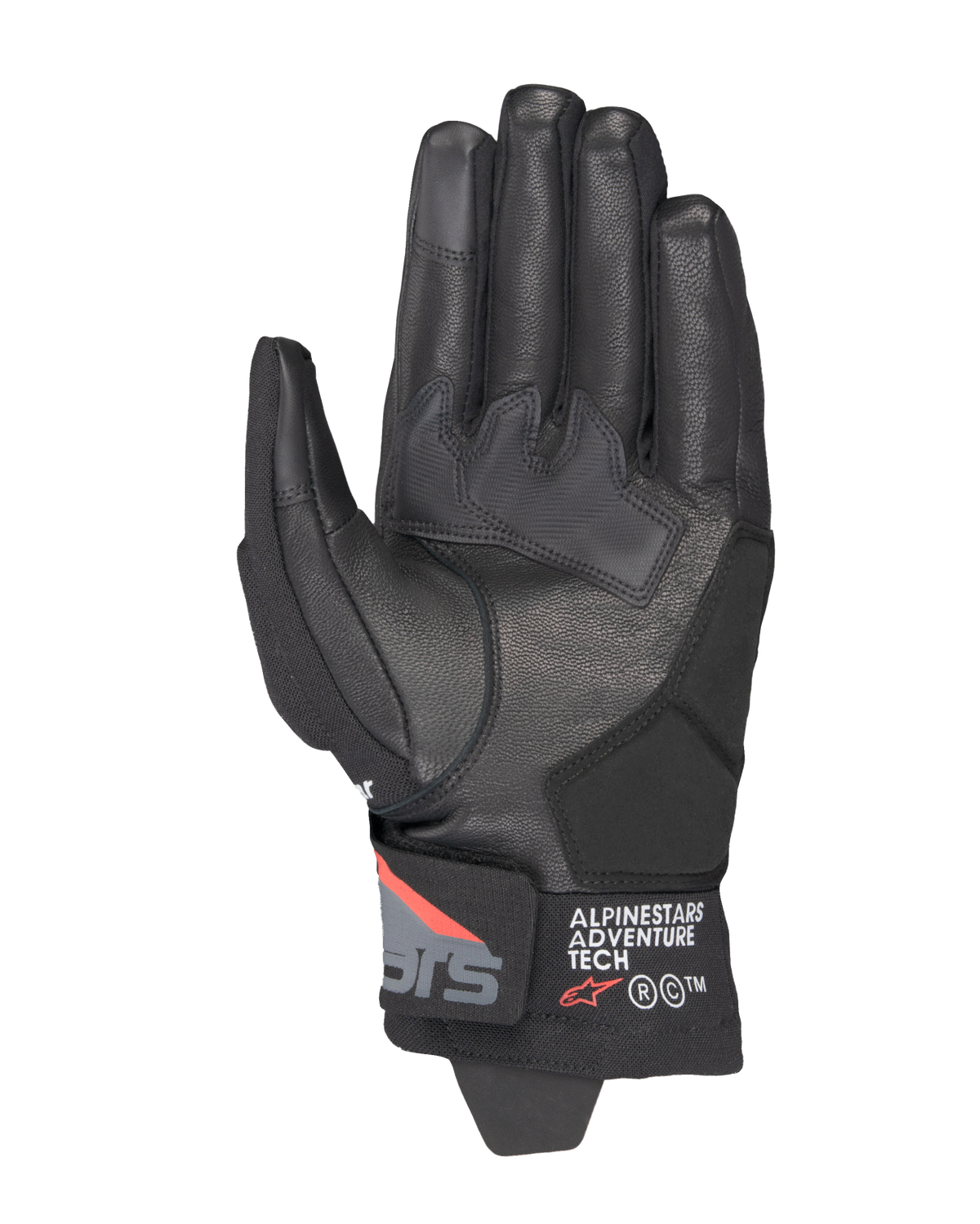 Rękawice Alpinestars Corozal V3 Drystar®, Black Deep Gray Red Fluo, widok od strony dłoni, skórzana konstrukcja, syntetyczne wzmocnienia dłoni, krótki mankiet z logo Alpinestars Adventure Tech