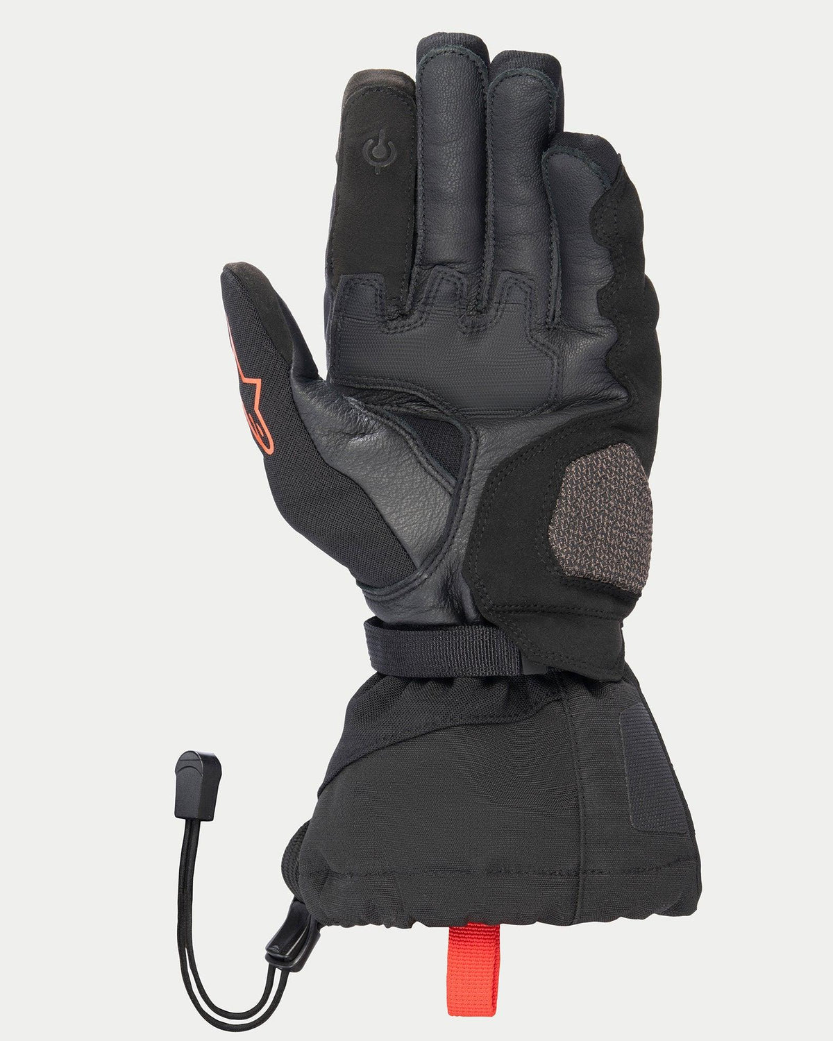 Rękawice Alpinestars XT-5 GORE-TEX, czarne, widok od strony dłoni ukazujący skórzaną konstrukcję, wzmocnienie strefy lądowania AR Shield, długi mankiet z zamknięciem na sznurek ściągający, opuszki palców kompatybilne z ekranami dotykowymi i charakterystyczne czerwone akcenty.