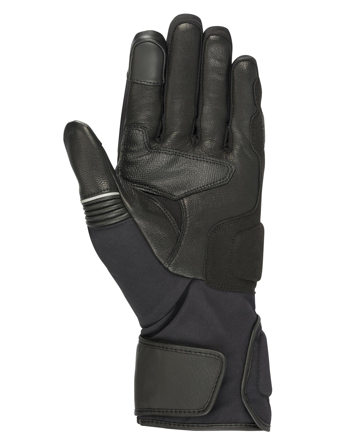 Alpinestars Jet Road V2 GORE-TEX Gloves, Black, palm view showing leather construction with reinforced padding, long gauntlet cuff, and touchscreen-compatible fingertips for adventure touring.