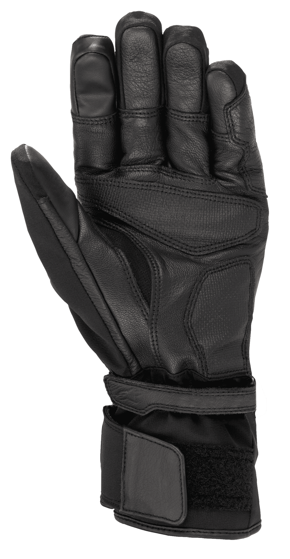 Alpinestars Range 2 In One GORE-TEX Glove z technologią Goregrip Tech, rękawice motocyklowe, czarne, widok od strony dłoni prezentujący konstrukcję ze skóry koziej, wzmocnione strefy chwytu i długi mankiet z regulacją na rzep dla bezpiecznego dopasowania.