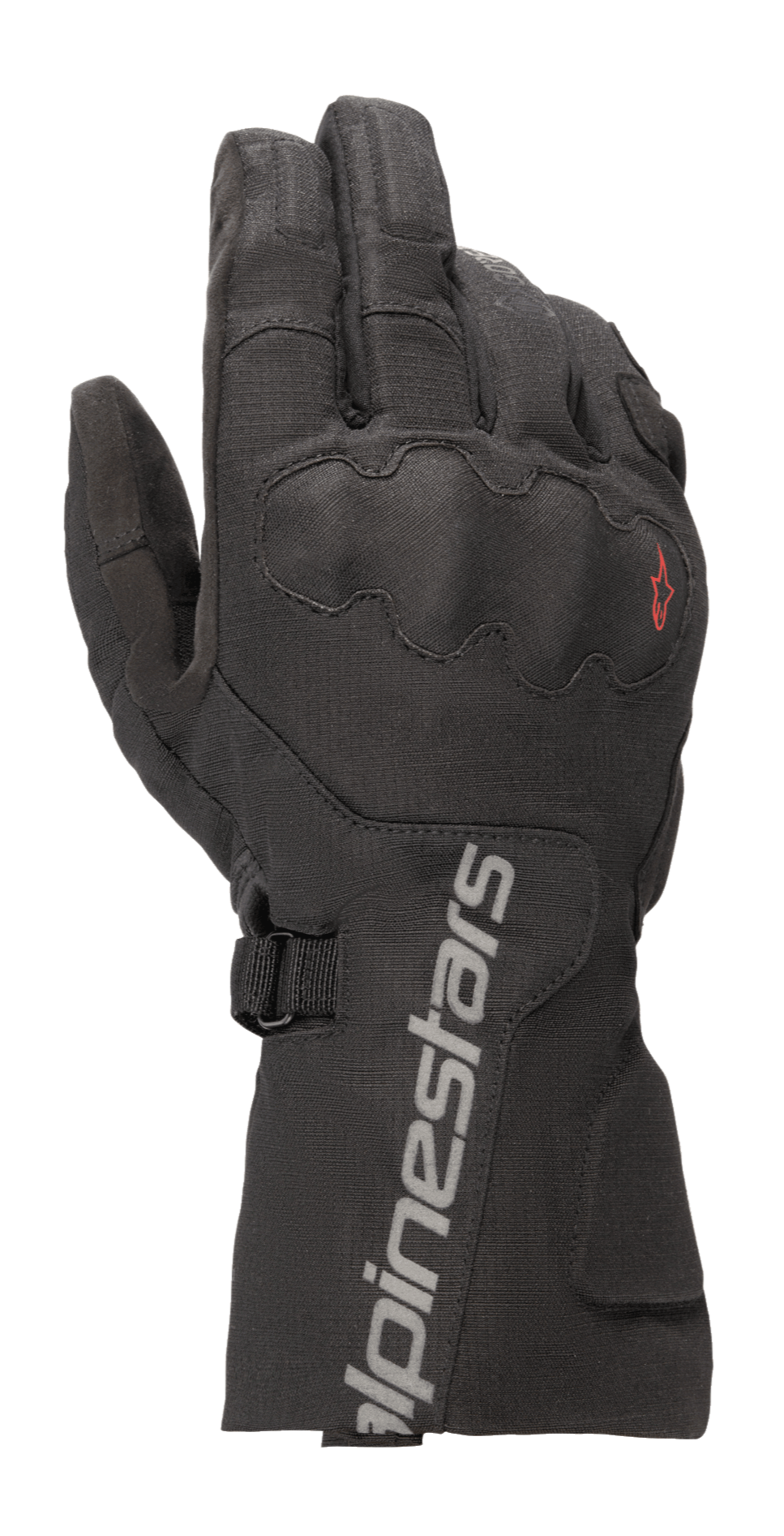 Rękawice Alpinestars WR-X GORE-TEX, motocyklowe rękawice turystyczne, czarne, długi mankiet z szarym brandingiem Alpinestars, zakryty ochraniacz kostek SP Lite, wytrzymała tekstylna konstrukcja ripstop