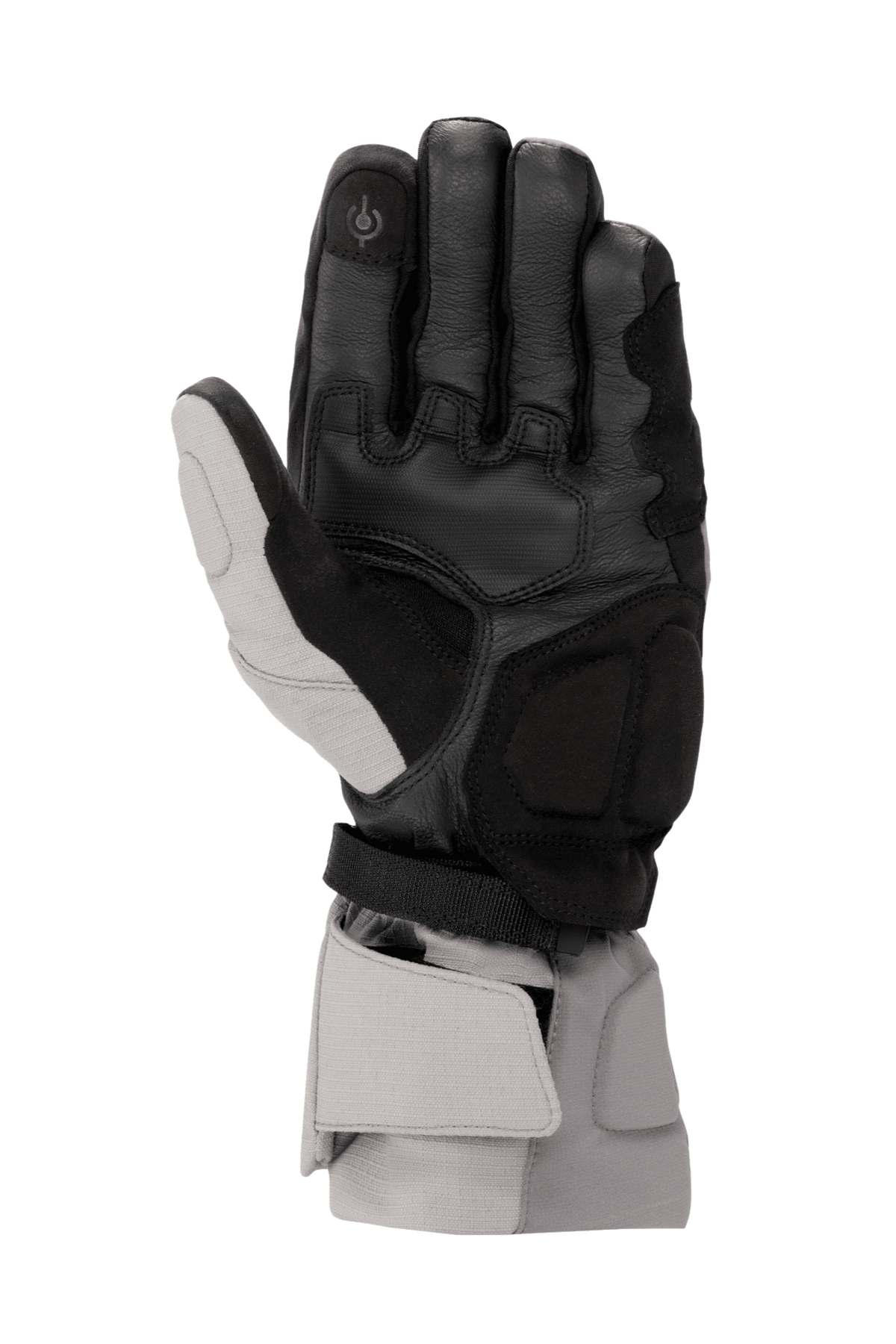 Alpinestars WR-X GORE-TEX Gloves, zimowe rękawice motocyklowe, ciemnoszare, jasnoszare i czarne, widok od strony dłoni przedstawiający skórzaną konstrukcję, wzmocnienia z syntetycznego zamszu, palec wskazujący kompatybilny z ekranami dotykowymi oraz długi mankiet zapewniający ochronę przed pogodą