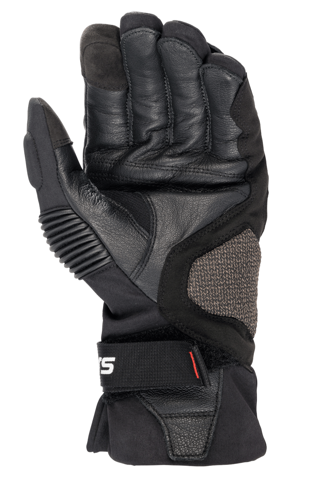 Alpinestars Boulder GORE-TEX Gloves, czarne, rękawice motocyklowe, widok od strony dłoni prezentujący trwałą konstrukcję z koziej skóry, wyściełane wzmocnienia, boczny panel ARshield i ergonomiczne zapięcie nadgarstka