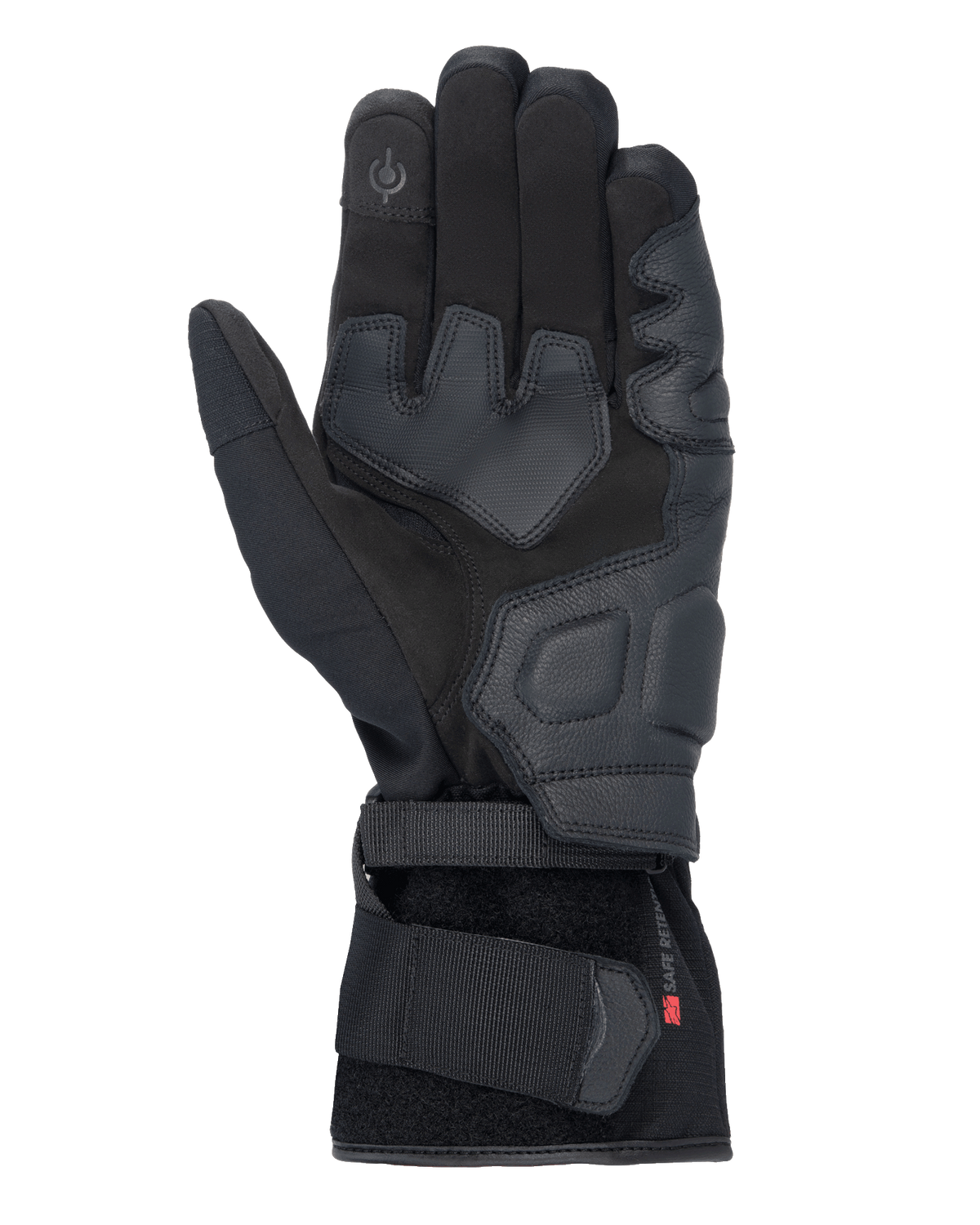 Rękawice Alpinestars Tourer W-7 V2 Drystar®, czarne rękawice motocyklowe, widok od strony dłoni ze skórzanymi wzmocnieniami, wyściełanymi strefami chwytu, opuszką palca kompatybilną z ekranami dotykowymi i bezpiecznym zapięciem na pasek nadgarstkowy