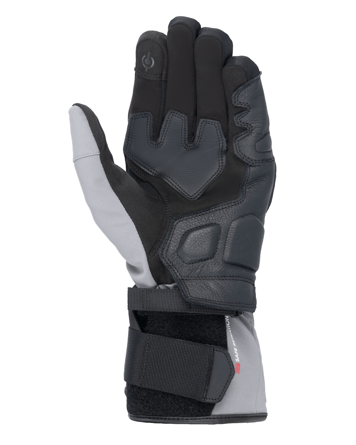 Rękawice Alpinestars Tourer W-7 V2 Drystar®, widok od strony dłoni, czarne i ciemnoszare, zimowe rękawice motocyklowe ze skórzanymi wzmocnieniami dłoni, palcem wskazującym kompatybilnym z ekranami dotykowymi i systemem podwójnego zapięcia dla bezpiecznego dopasowania