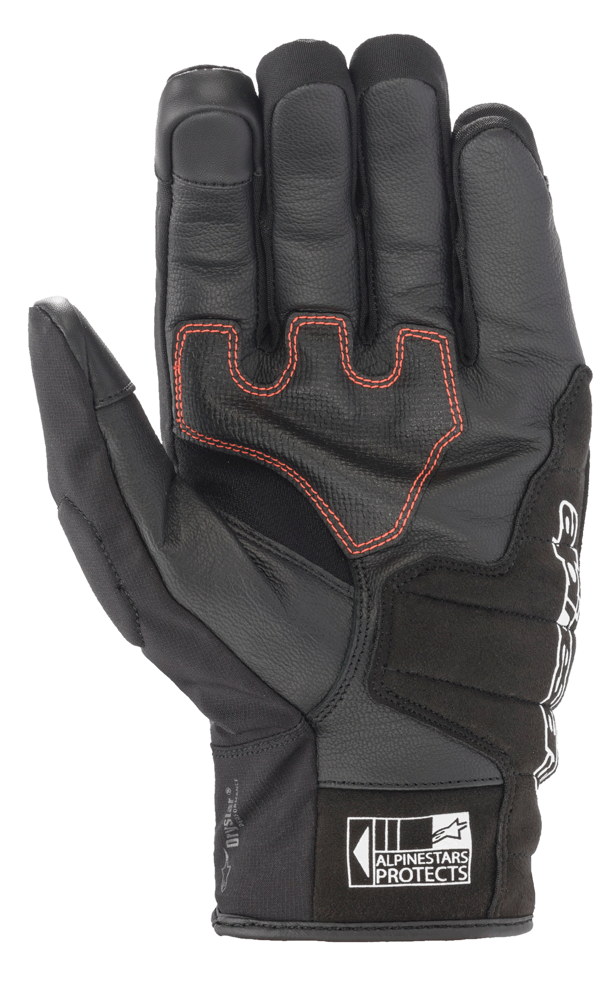 Rękawice Alpinestars SMX Z Drystar®, krótkie rękawice motocyklowe, czarne z czerwonymi kontrastowymi przeszyciami, widok od strony dłoni ukazujący skórzaną konstrukcję i wzmocnione wyściółki, z logo Alpinestars Protects na mankiecie.