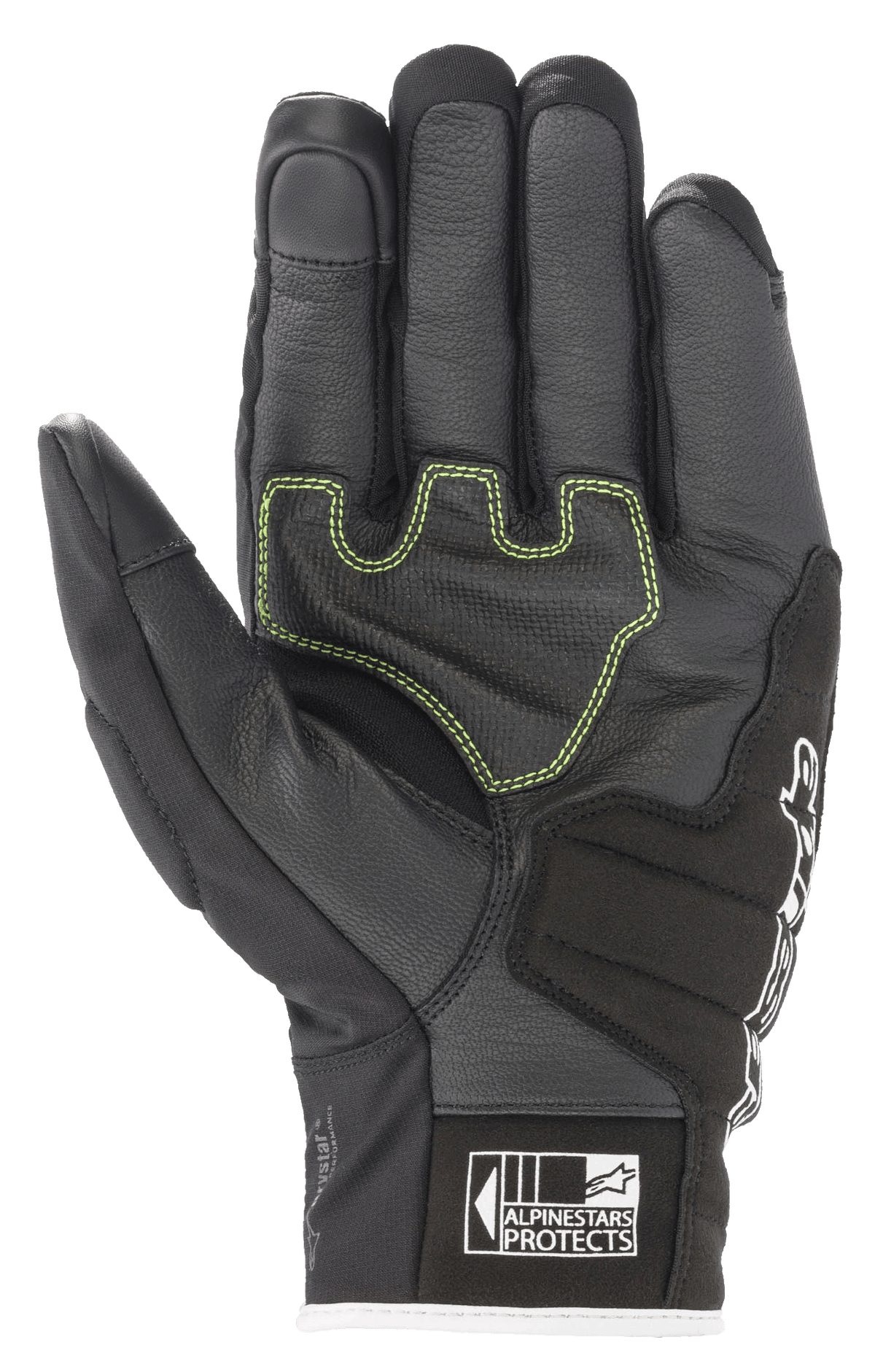 Rękawice Alpinestars SMX Z Drystar®, rękawice motocyklowe, czarno-biało-czerwone fluo, widok od strony dłoni pokazujący wzmocnioną skórę z limonkowymi kontrastowymi szwami i logo Alpinestars Protects na mankiecie