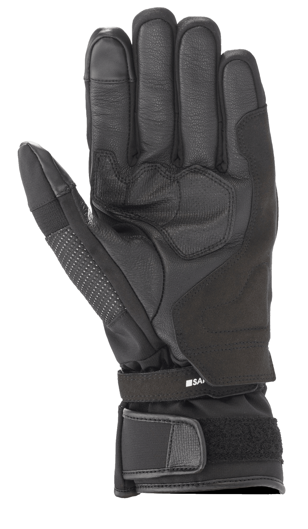 Alpinestars Andes V3 Drystar® Glove, czarna rękawica motocyklowa, widok od strony dłoni z konstrukcją ze skóry koziej i materiału tekstylnego, wzmocniony obszar dłoni, regulowany pasek na nadgarstku z mankietem na rzep, techniczny design turystyczny na każdą pogodę