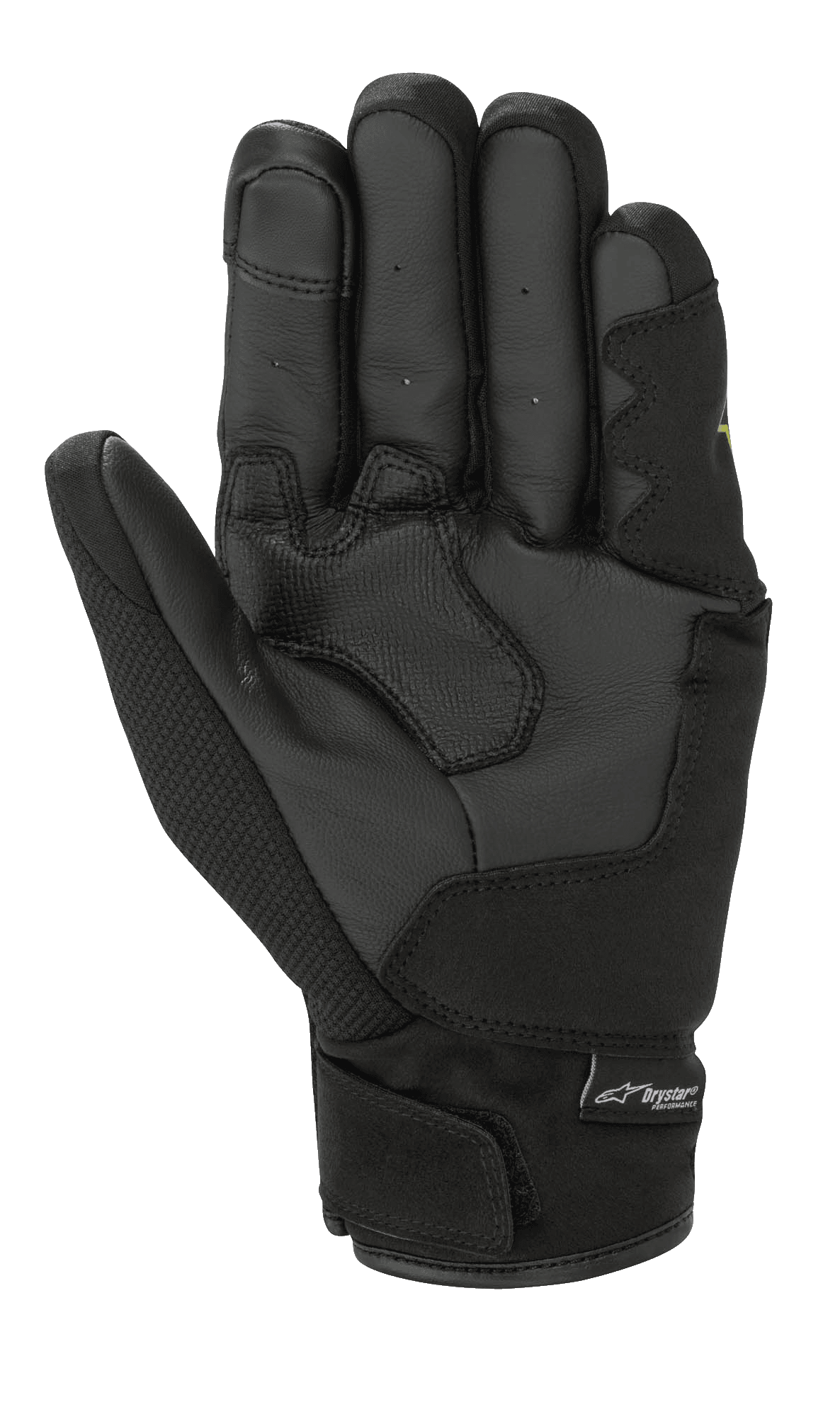 Rękawice Alpinestars S-Max Drystar®, czarne, widok od strony dłoni, wzmocnione skórzane panele, tekstylny kciuk, zapięcie na rzep na nadgarstku z logo Drystar® Performance