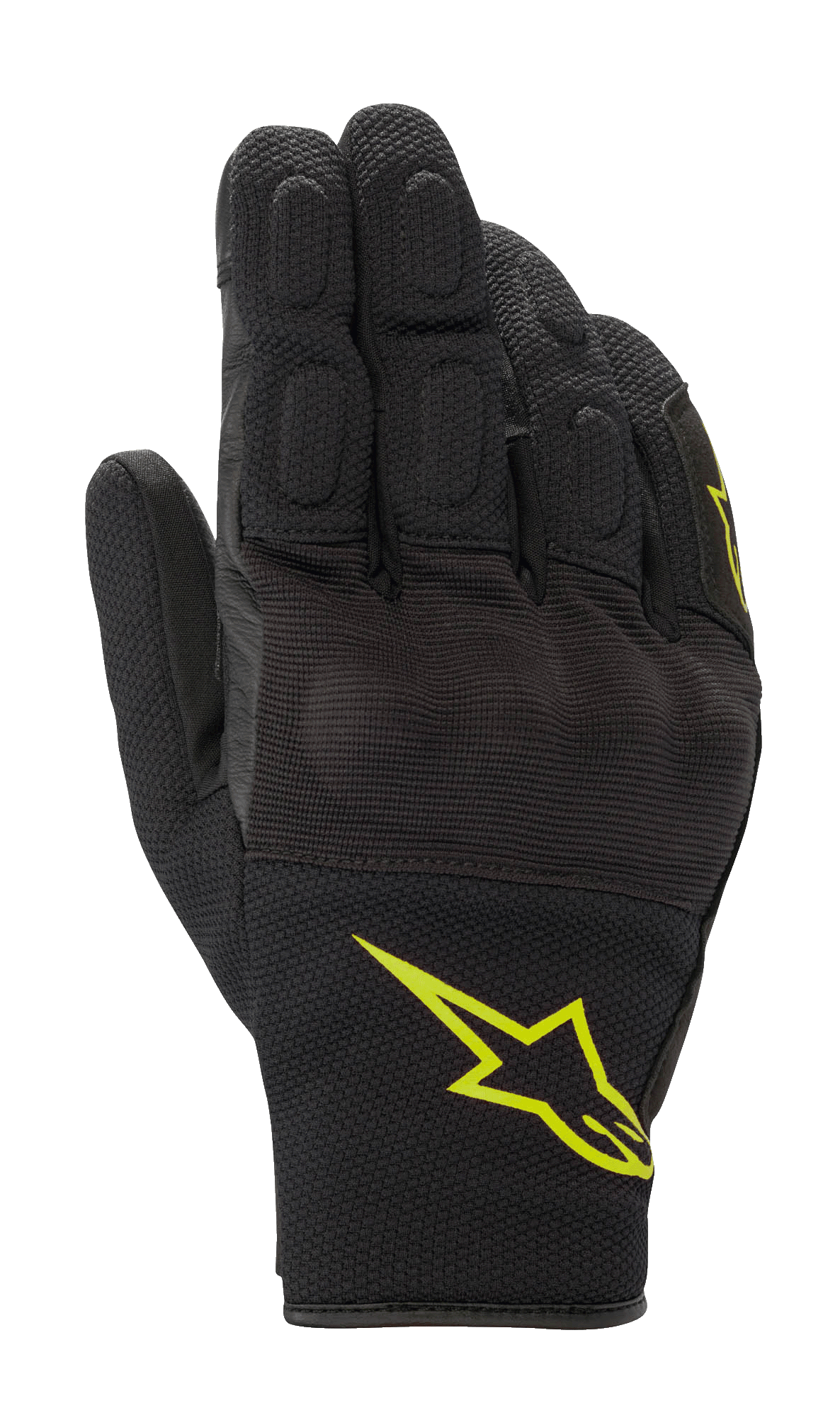 Rękawice Alpinestars S-Max Drystar, sportowe rękawice motocyklowe, czarne z fluorescencyjnym żółtym logo, krótka konstrukcja z twardym ochraniaczem kostek i panelami z elastycznej siatki, wodoodporna i oddychająca konstrukcja do jazdy szosowej