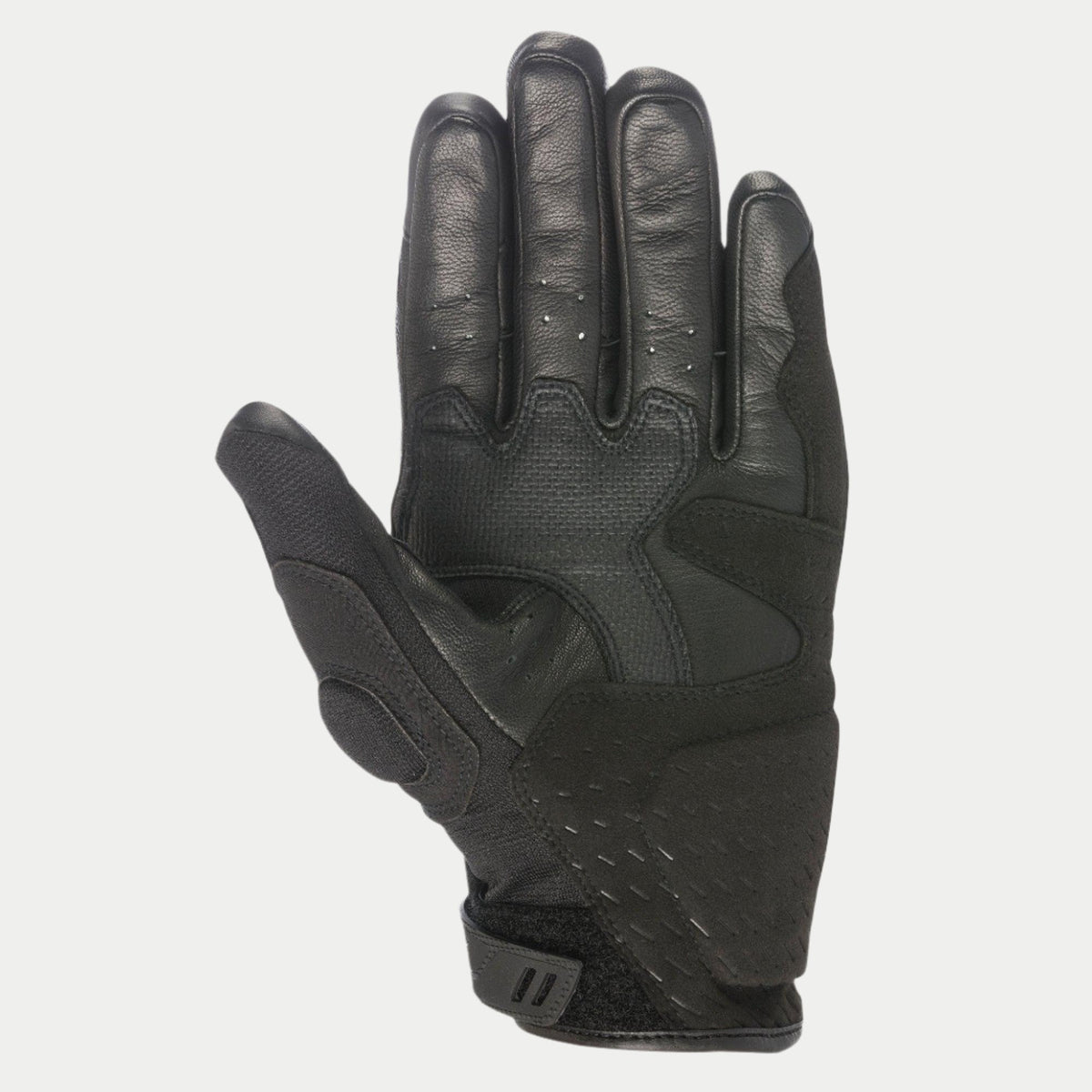 Alpinestars C-30 Drystar® Gloves, czarne, widok dłoni ukazujący wzmocnienia z syntetycznego zamszu z piankową wyściółką, obszary chwytu z powłoką PU na kciuku i dłoni oraz regulowany pasek na rzep, wodoodporne rękawice motocyklowe