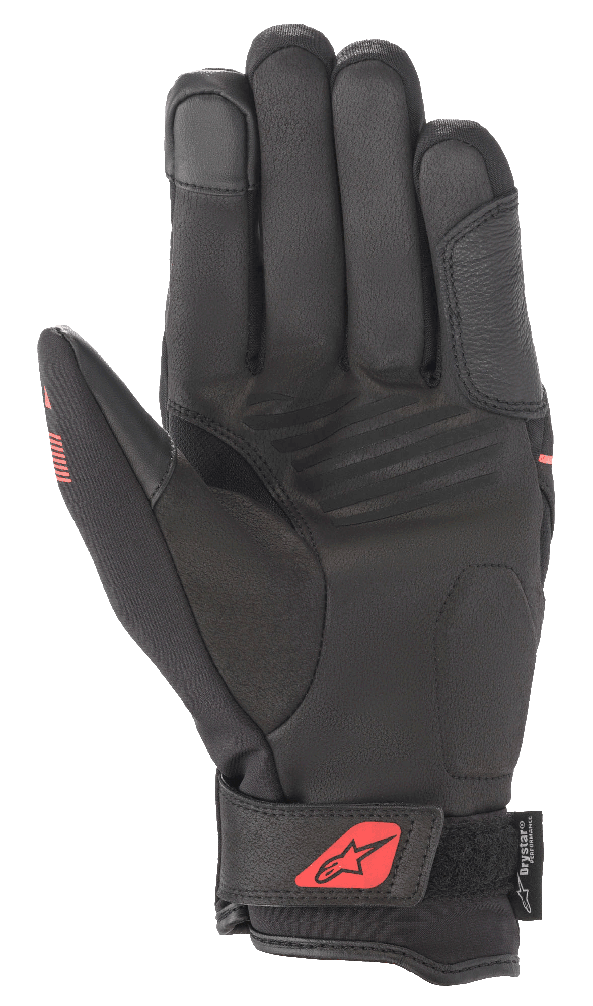 Rękawice Alpinestars Syncro V2 Drystar®, czarno-czerwone fluo, widok od strony dłoni prezentujący konstrukcję z syntetycznego zamszu, wyściełaną dłoń dla ochrony, regulowany pasek na nadgarstku z czerwonym logo oraz brandingiem Drystar®