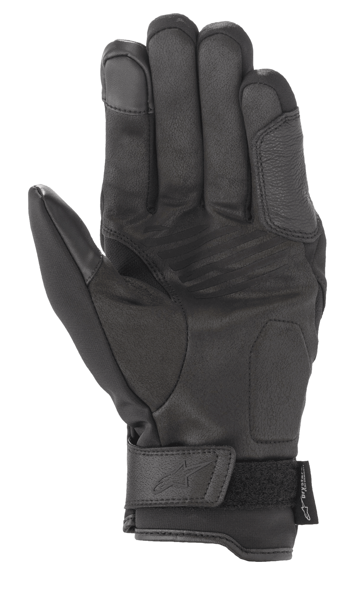 Alpinestars Syncro V2 Drystar® Gloves, czarne, miejskie rękawice motocyklowe, widok od strony dłoni przedstawiający konstrukcję ze wzmocnionego syntetycznego zamszu, wyściełane strefy ochronne i regulowane zapięcie na nadgarstku z wytłoczonym logo.