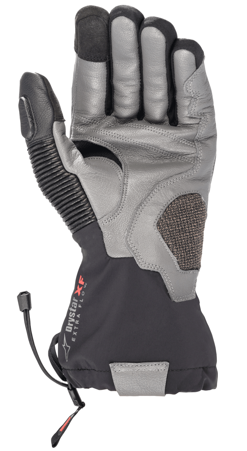 Alpinestars Amt-10 Drystar® XF Winter Gloves, motocyklowe rękawice turystyczne, czarne i ciemnoszare, widok od strony dłoni z teksturowanej skóry koziej, długi wodoodporny mankiet z logo Drystar XF, skórzany panel akordeonowy na kciuku i wzmocniona dłoń do jazdy typu adventure i szosowej.