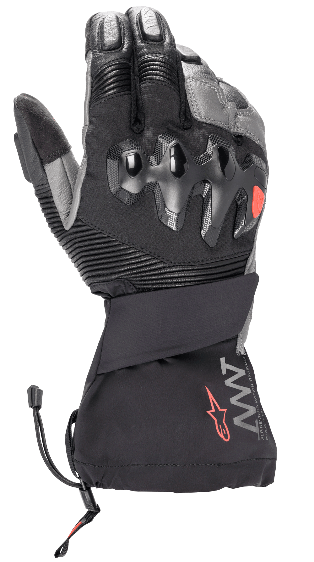 Alpinestars AMT-10 Drystar® XF Winter Gloves, zimowe rękawice motocyklowe, czarne i ciemnoszare, długi mankiet, wtryskiwana twarda ochrona kostek, harmonijkowe panele elastyczne na palcach, branding AMT z czerwonym logo gwiazdy, ściągacz mankietu ze sznurkiem