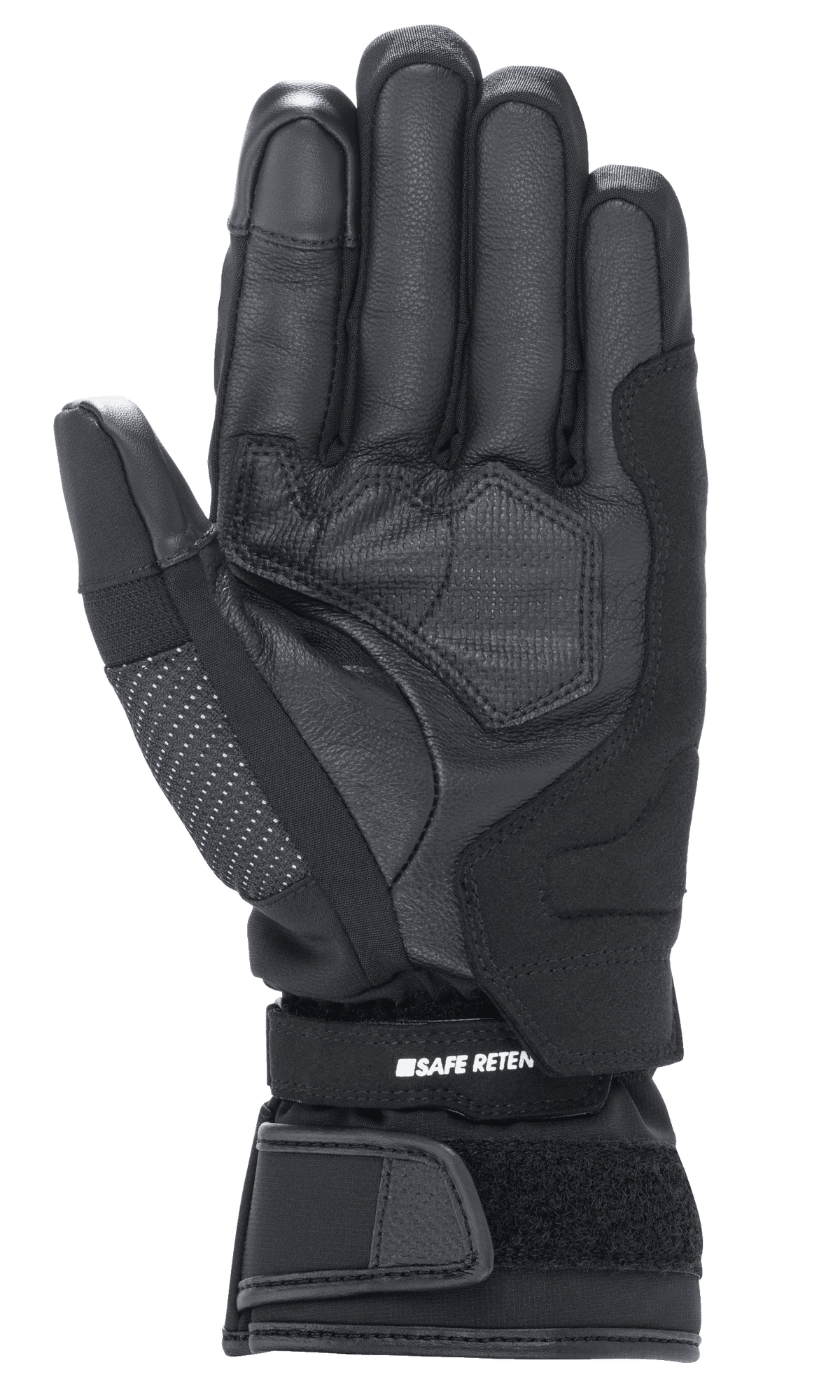 Damskie rękawice motocyklowe Alpinestars Stella Andes V3 Drystar, czarno-antracytowe, widok od strony dłoni pokazujący konstrukcję z koziej skóry, wzmocnione panele oraz regulowany pasek na rzep z oznaczeniem Safe Retention.