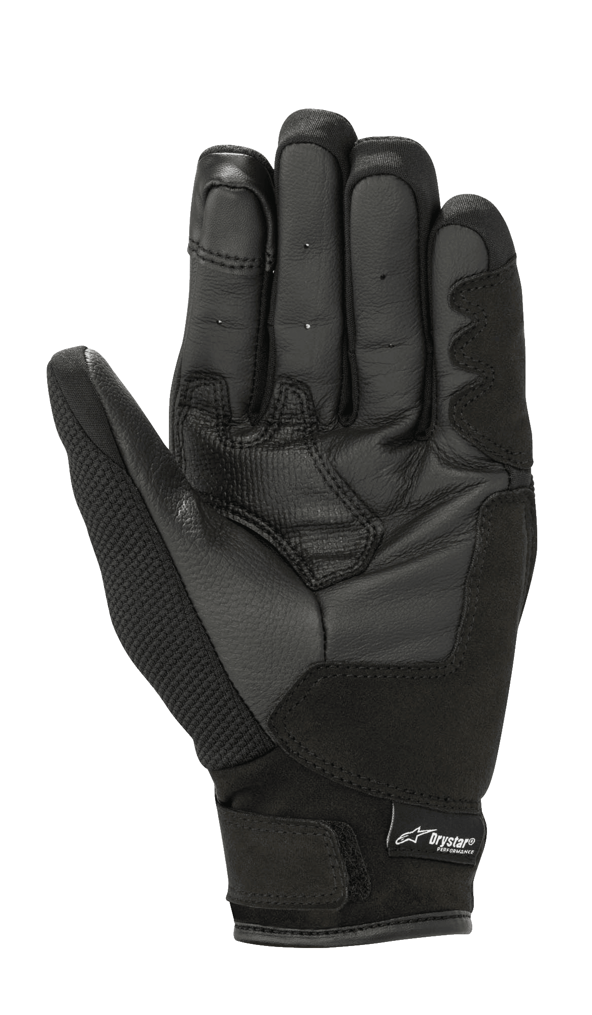 Alpinestars Stella S-Max Drystar Women's Gloves, rękawice motocyklowe damskie, kolor Black Anthracite, widok od strony dłoni ukazujący skórzaną konstrukcję, wzmocnione strefy chwytu oraz zapięcie na rzep na nadgarstku z logo Drystar