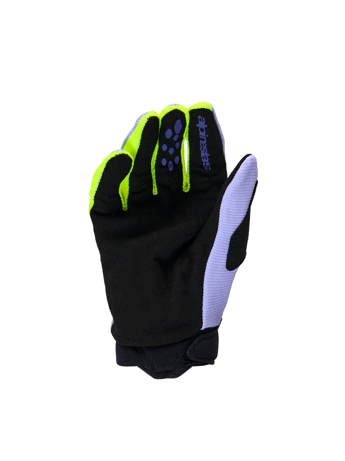 Alpinestars Youth & Kids Full Bore V2 Gloves, Motocross Gloves, Purple Yellow Fluo, palm view featuring black reinforced synthetic suede, neon yellow finger accents, and lavender thumb panel, durable construction for youth off-road riders