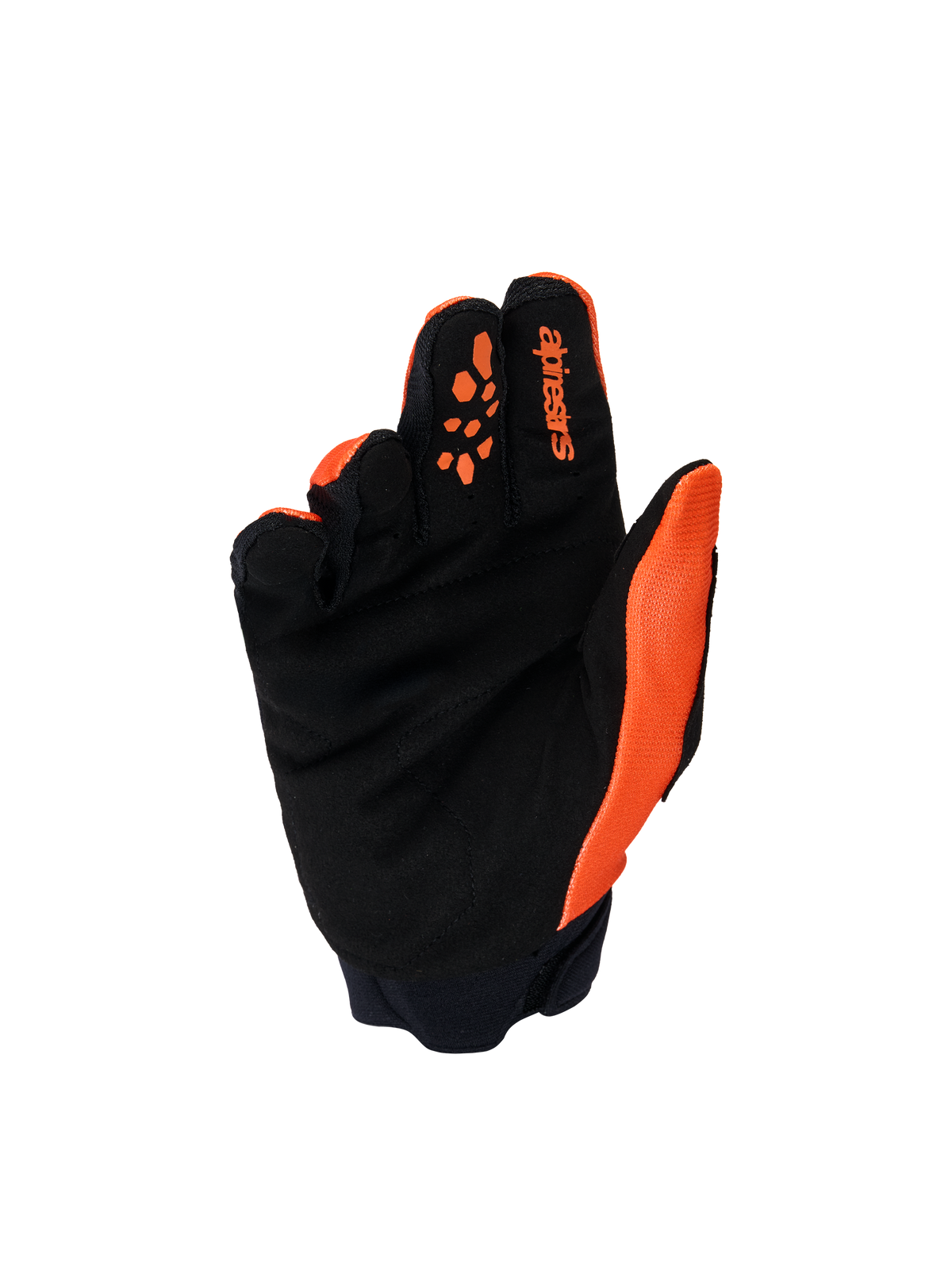 Alpinestars Youth & Kids Full Bore V2 Gloves, rękawice motocrossowe, pomarańczowo-czarne, widok od strony dłoni ze wzmocnionym syntetycznym zamszem, silikonowe nadruki na palcach dla lepszej kontroli dźwigni, logo Alpinestars na palcu wskazującym.