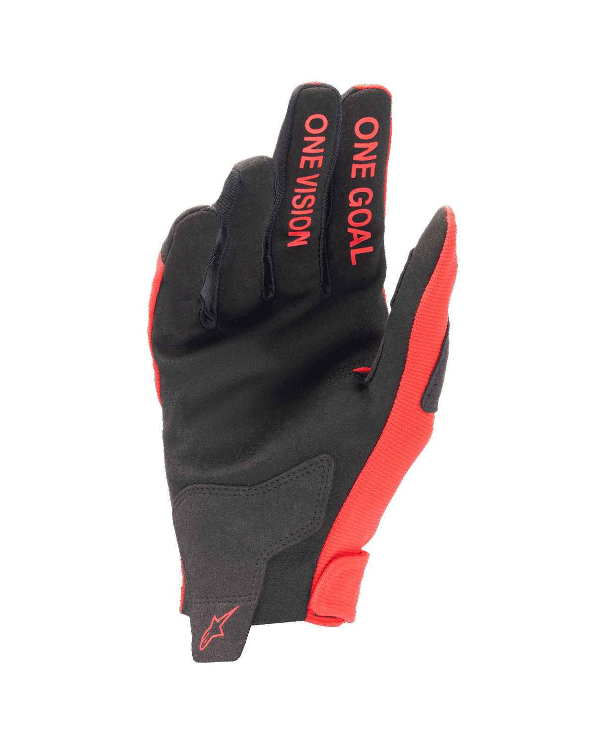 Alpinestars Youth 2024 Radar Gloves, młodzieżowe rękawice motocrossowe, czerwono-czarne, widok od strony dłoni wykonanej z syntetycznego zamszu, napis „ONE GOAL ONE VISION” na palcach, lekki sprzęt do jazdy off-road