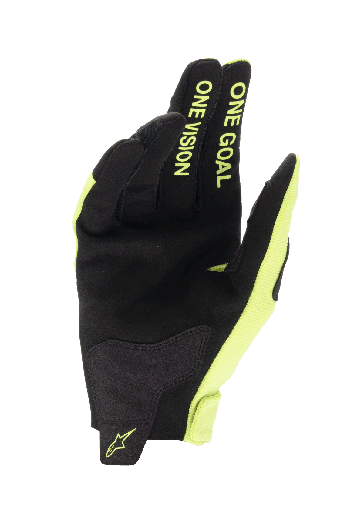 Alpinestars Youth 2024 Radar Gloves, rękawice motocrossowe, czarno-żółte fluo, widok od strony dłoni z konstrukcją z syntetycznego zamszu, żółty fluorescencyjny napis „ONE GOAL ONE VISION” na palcach, wytrzymała konstrukcja do wyścigów off-road