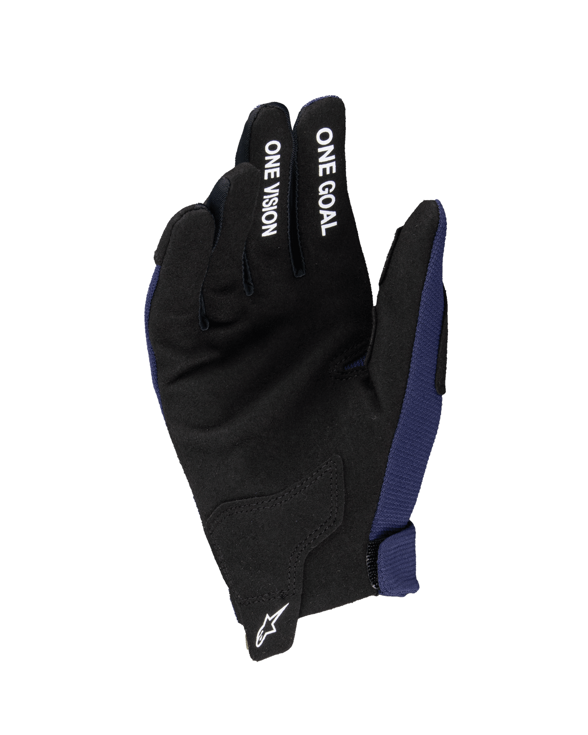 Alpinestars 2025 Youth Radar Gloves, rękawice motocrossowe, granatowe i czarne, widoczna dłoń z syntetycznego zamszu z białymi napisami „ONE GOAL” i „ONE VISION” na palcach, białe logo Astars na nadgarstku, jednowarstwowa konstrukcja do jazdy terenowej