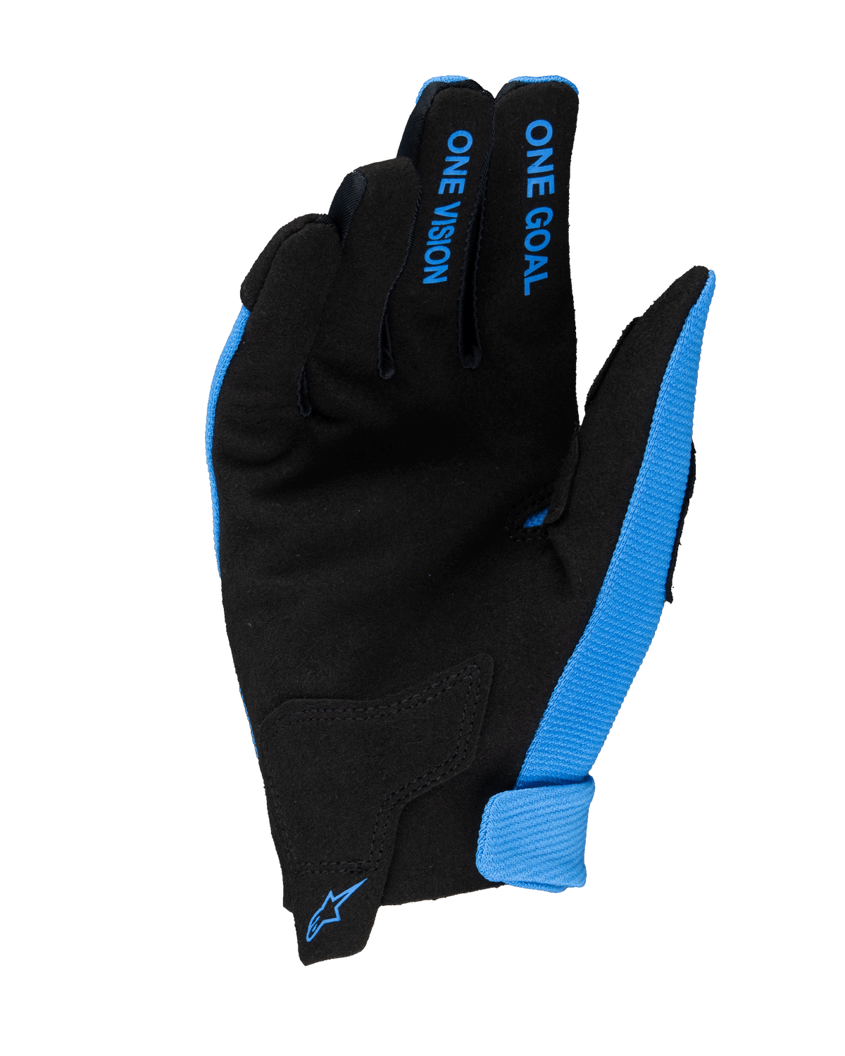 Alpinestars Youth Radar Gloves 2025, rękawice motocrossowe młodzieżowe, niebiesko-czarne, widok od strony dłoni z syntetycznego zamszu, niebieskie napisy „ONE GOAL” i „ONE VISION” na palcach, małe niebieskie logo Alpinestars na zapięciu nadgarstka