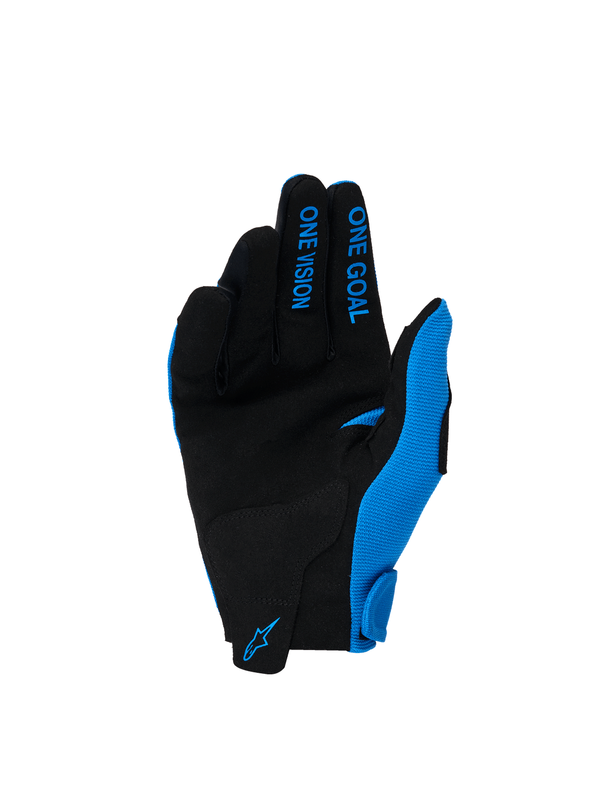 Alpinestars 2026 Youth Radar Gloves, rękawice motocrossowe, kolor Ucla Blue i biały, dłoń z czarnego syntetycznego zamszu, niebieskie napisy „ONE GOAL” i „ONE VISION” na palcach, niebieskie logo Alpinestars na nadgarstku, zaprojektowane do jazdy off-road