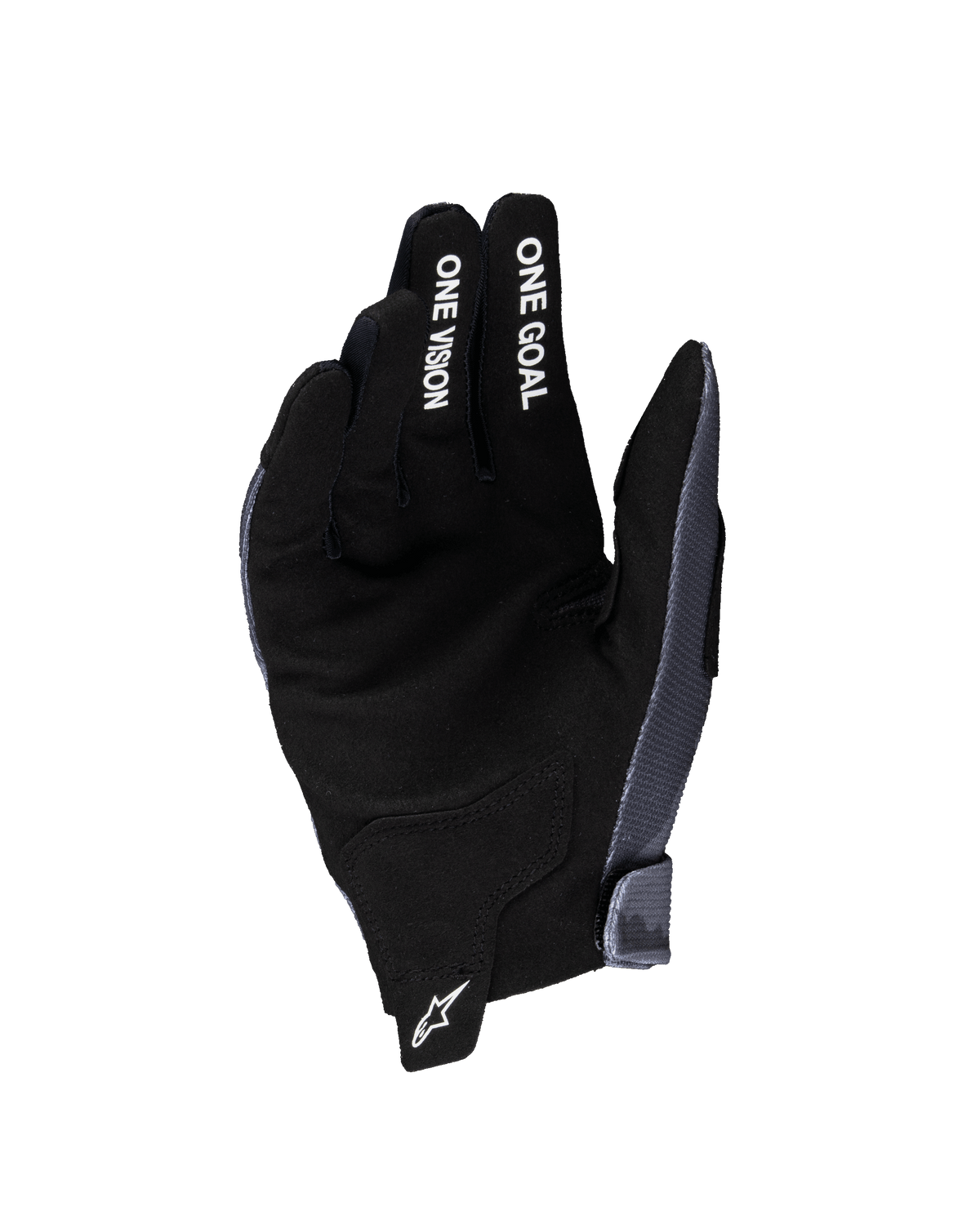 Alpinestars Youth Radar Gloves 2025, młodzieżowe rękawice motocrossowe, szaro-czarne, widok od strony dłoni z syntetycznego zamszu, białe napisy „ONE GOAL” i „ONE VISION” na palcach, białe logo gwiazdy na uchwycie przy nadgarstku, wyspecjalizowane do młodzieżowych wyścigów off-road
