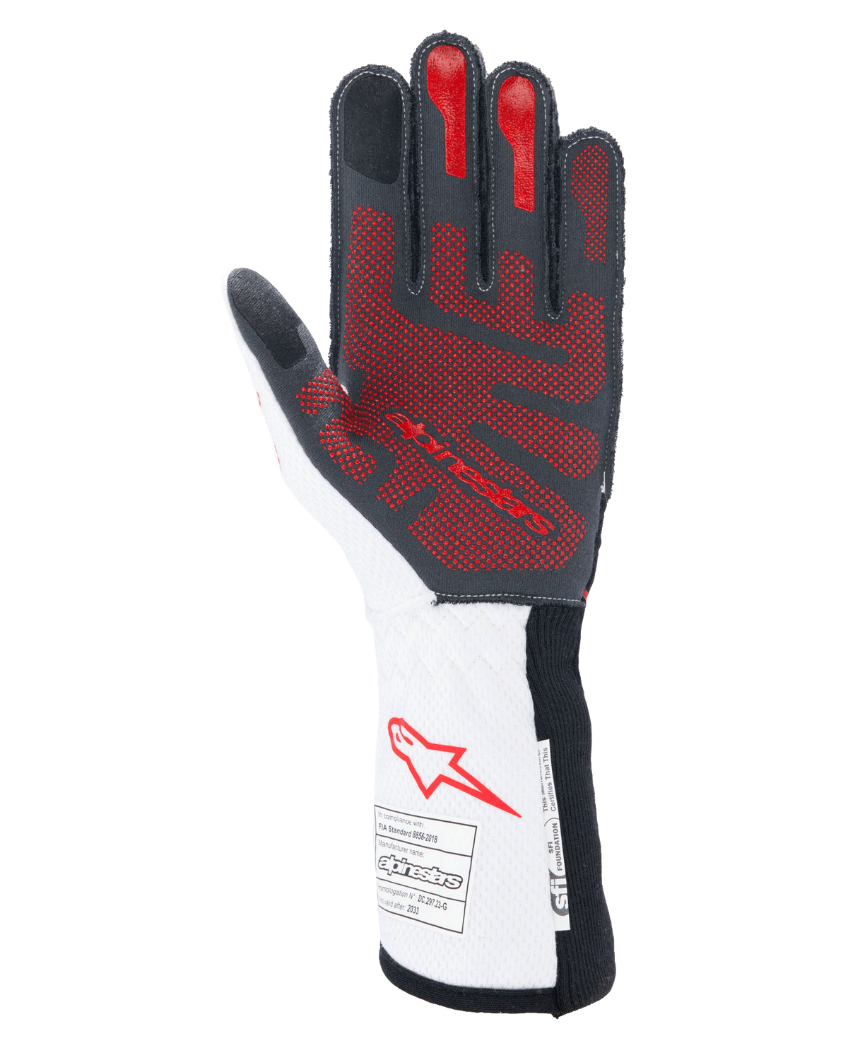 Rękawice Alpinestars Tech-1 ZX V4, samochodowe rękawice wyścigowe, czarno-biało-czerwone, widok od strony dłoni z czerwonym silikonowym wzorem chwytnym 3D, biały mankiet z czerwonym logo Alpinestars oraz etykietami certyfikacji FIA i SFI